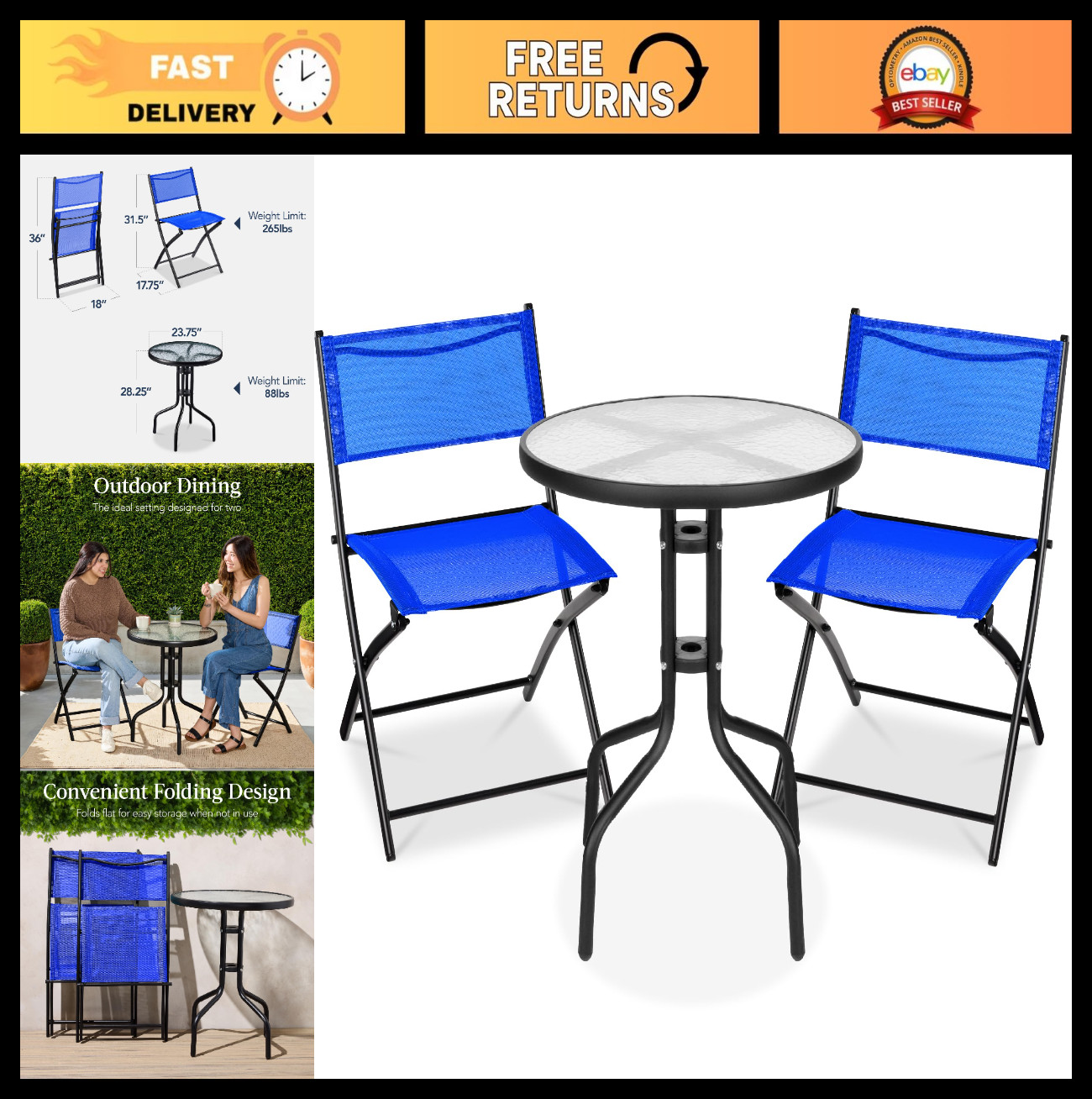 3-Piece Patio Bistro Dining Set – Textured Glass Table, 2 Folding Chairs, Resort