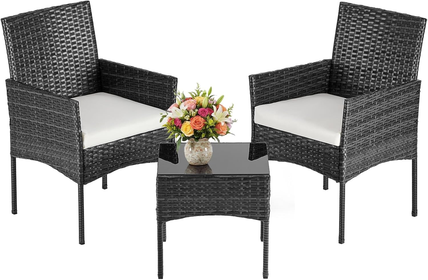 3 Piece Outdoor Patio Wicker Bistro Set Chairs Glass Table Balcony Garden Black
