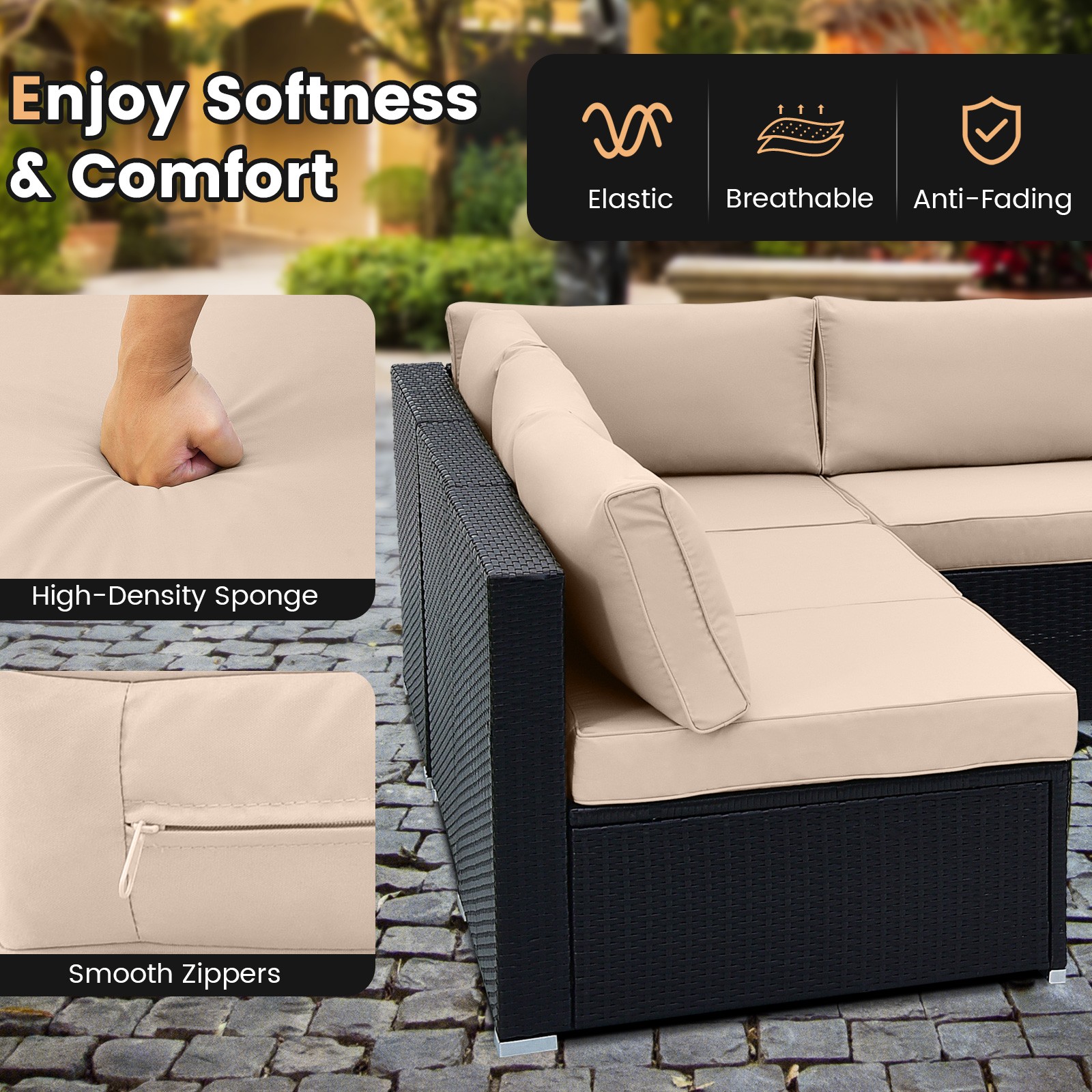 10 PCS Patio Rattan Furniture Set Outdoor Wicker Sofa Table Cushioned Seat Beige