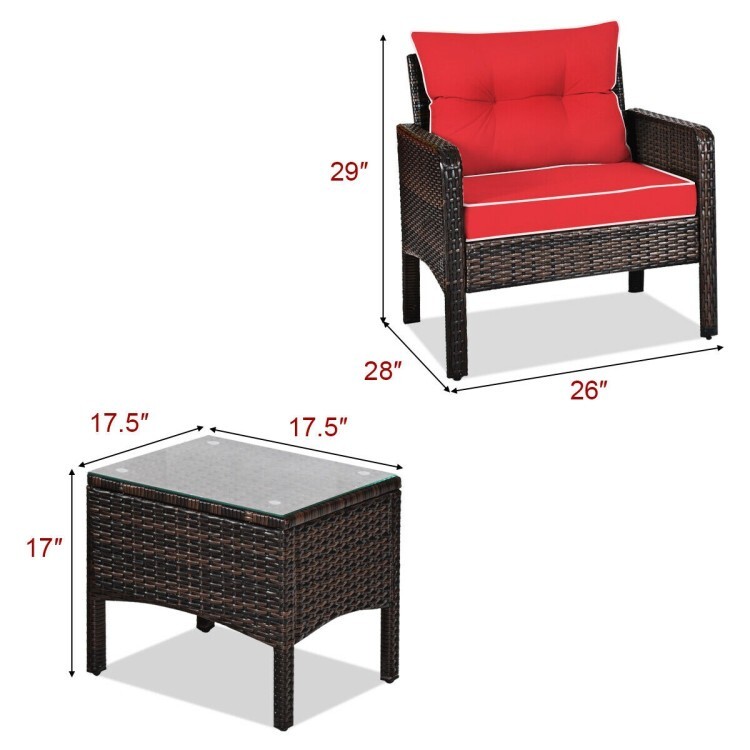3 Pcs Outdoor Patio Rattan Conversation Set Garden Furniture Cushioned Sofa Red