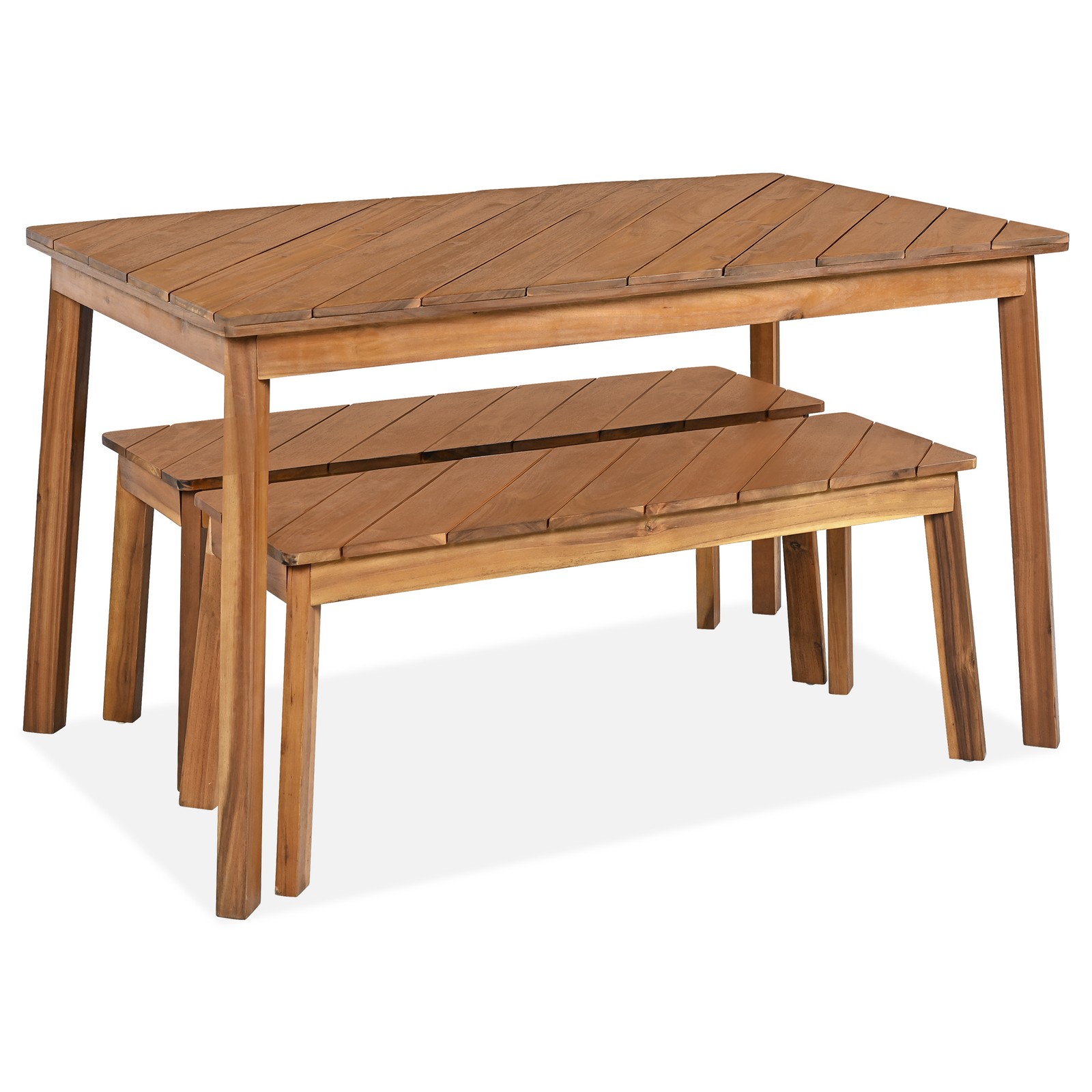 3 Pieces Acacia Wood Table Bench Dining Set For Outdoor & Indoor Furniture New