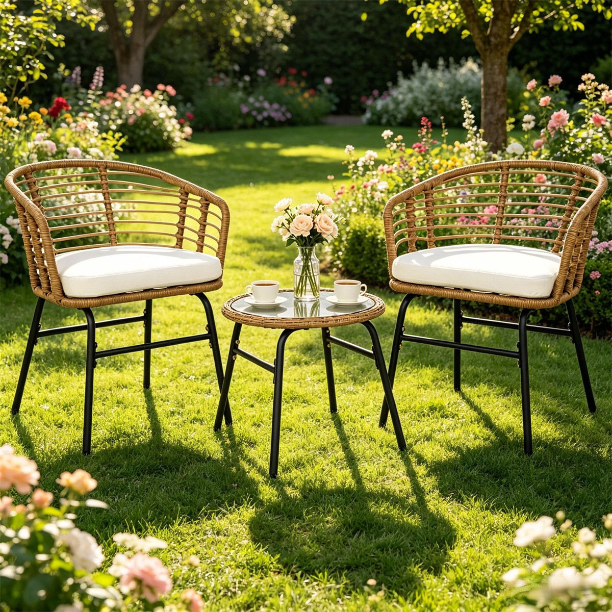3-Piece PE Rattan Patio Bistro Set with Off-White Cushions & Glass Tabletop