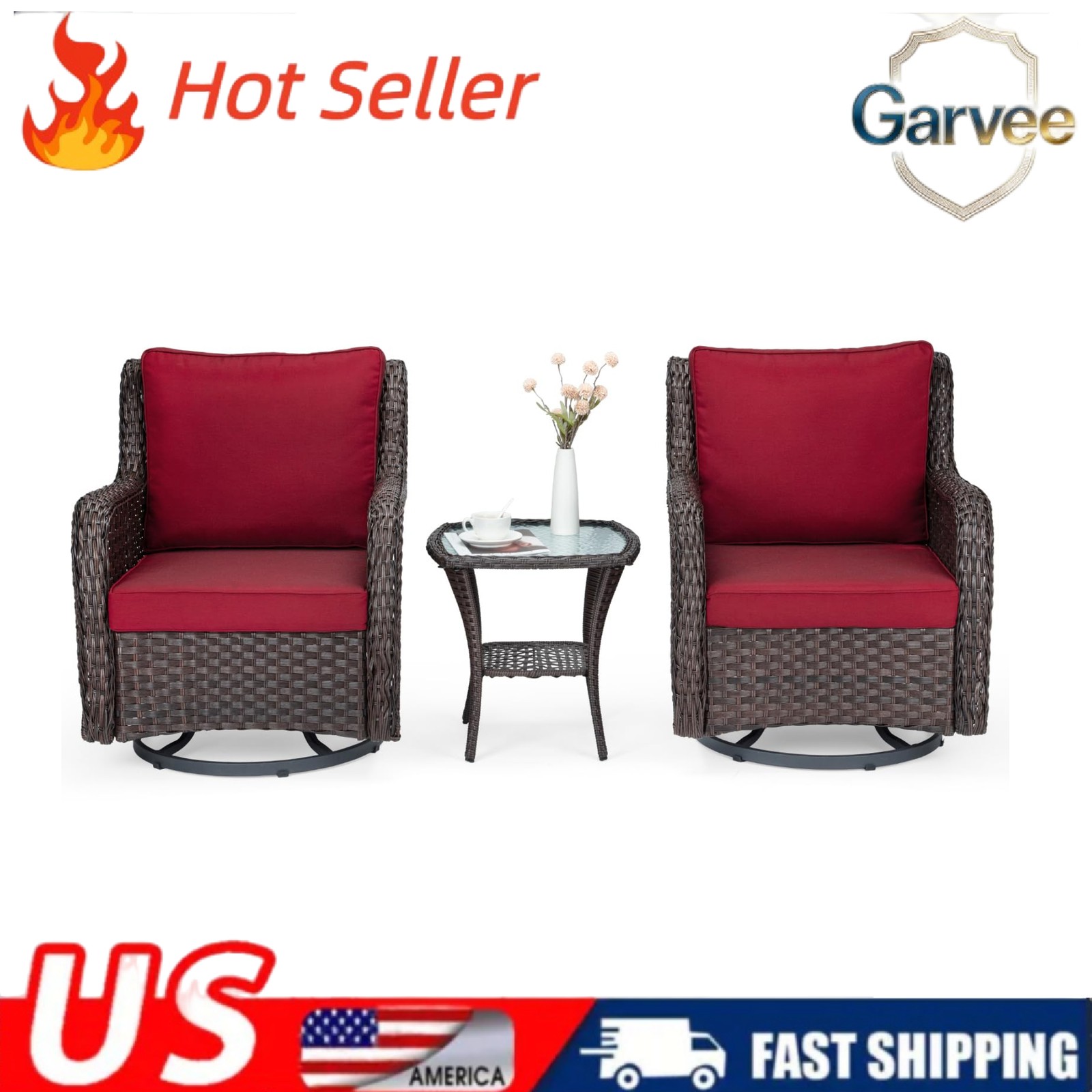 Swivel Rocking Rattan Set 3PCS Coffee Table Thickened Cushions Garden
