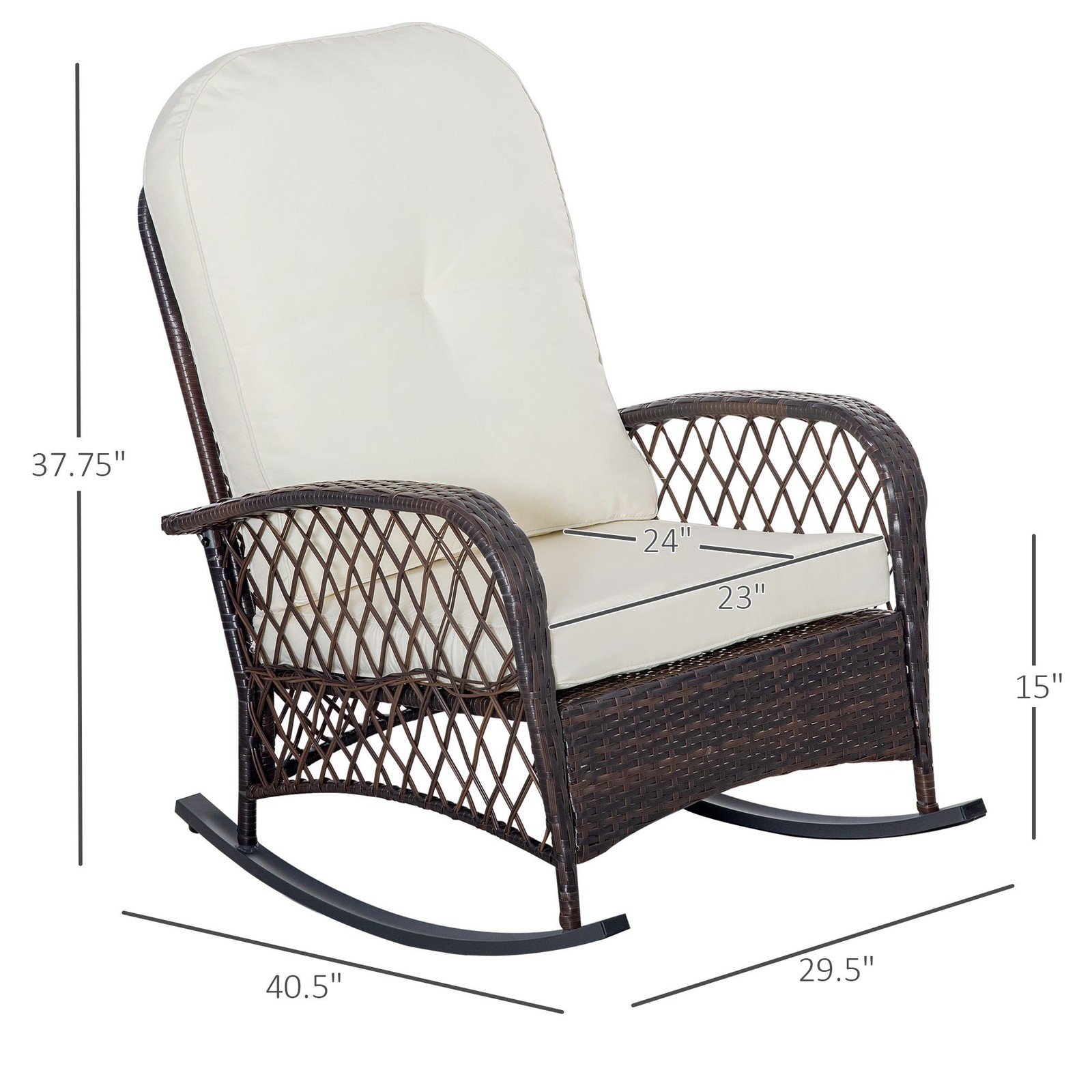 Outdoor Wicker Rocking Chair with Wide Seat and Thick Cushion Cream White Patio