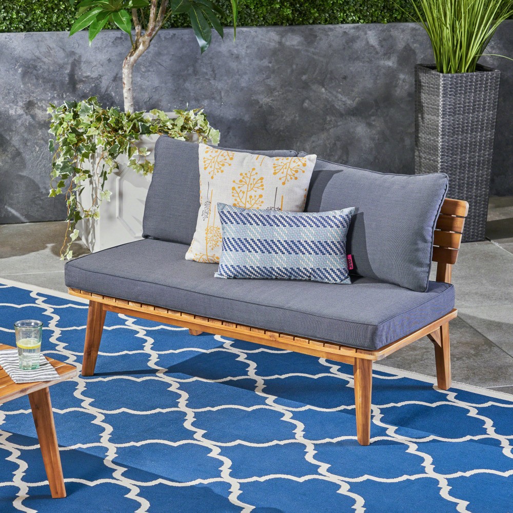 Mid Century Modern Outdoor Loveseat Gray Acacia Wood Fabric Patio Garden