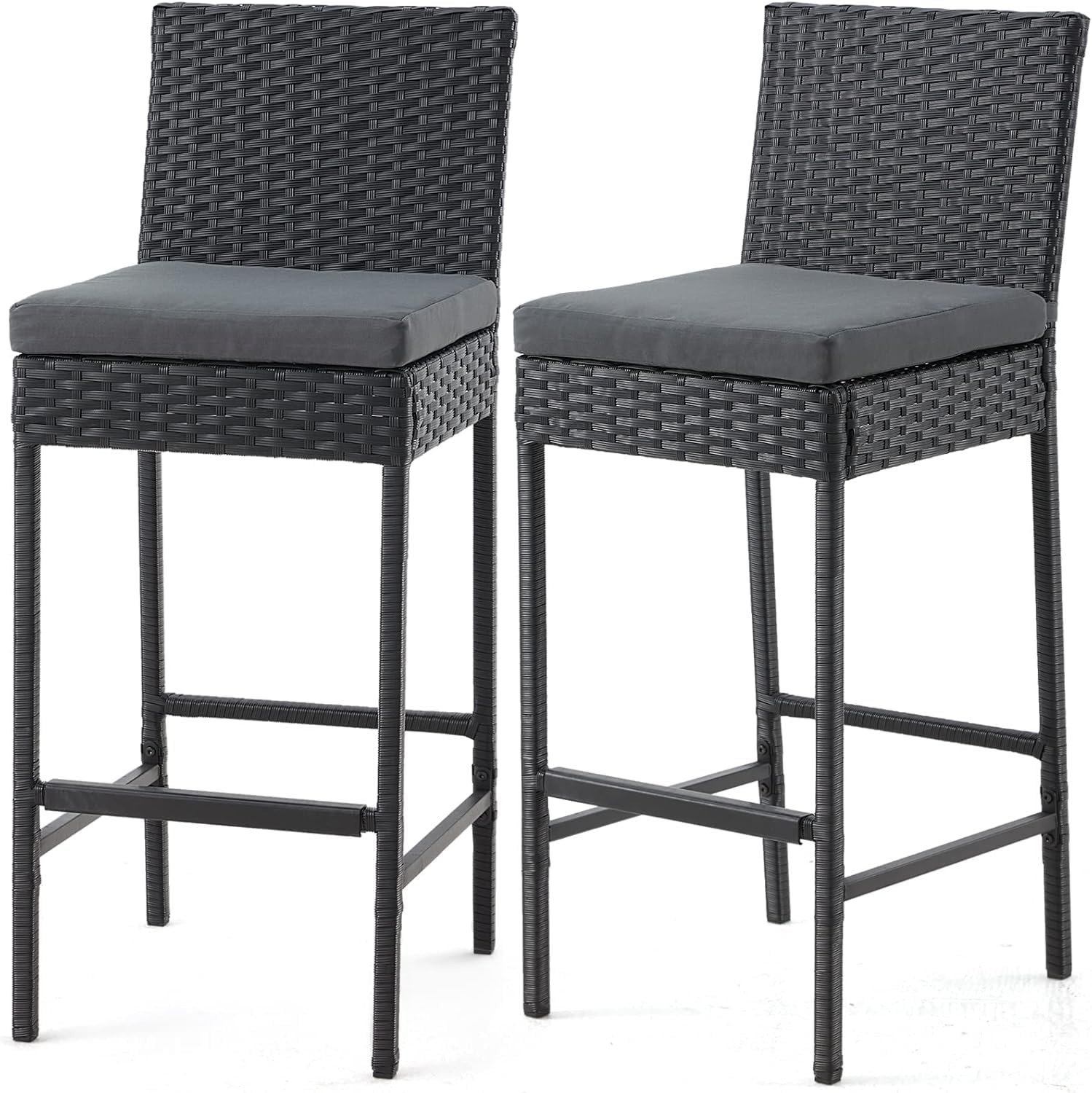 Set of 2 Rattan Bar Stools Outdoor Wicker Counter Height with Cushion Garden