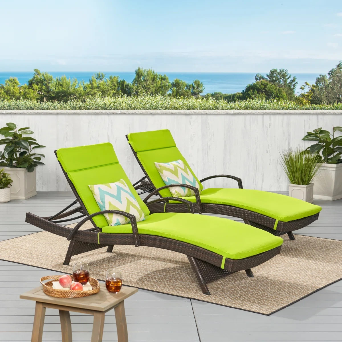 Wade Logan Billur 2Pc Patio Wicker Chaise Lounge Set Reclining Cushions L Green