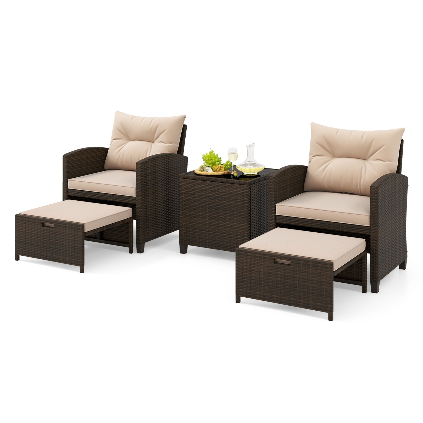 5 PCS Patio Rattan Furniture w/ 2 Wicker Ottomans & Tempered Glass Coffee Table