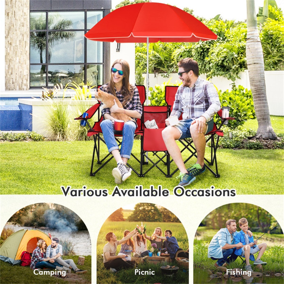 ❄️FREE SHIPPING!❄️2 Foldable Outdoor Chairs & Umbrellas 4 Camping or Tailgating!