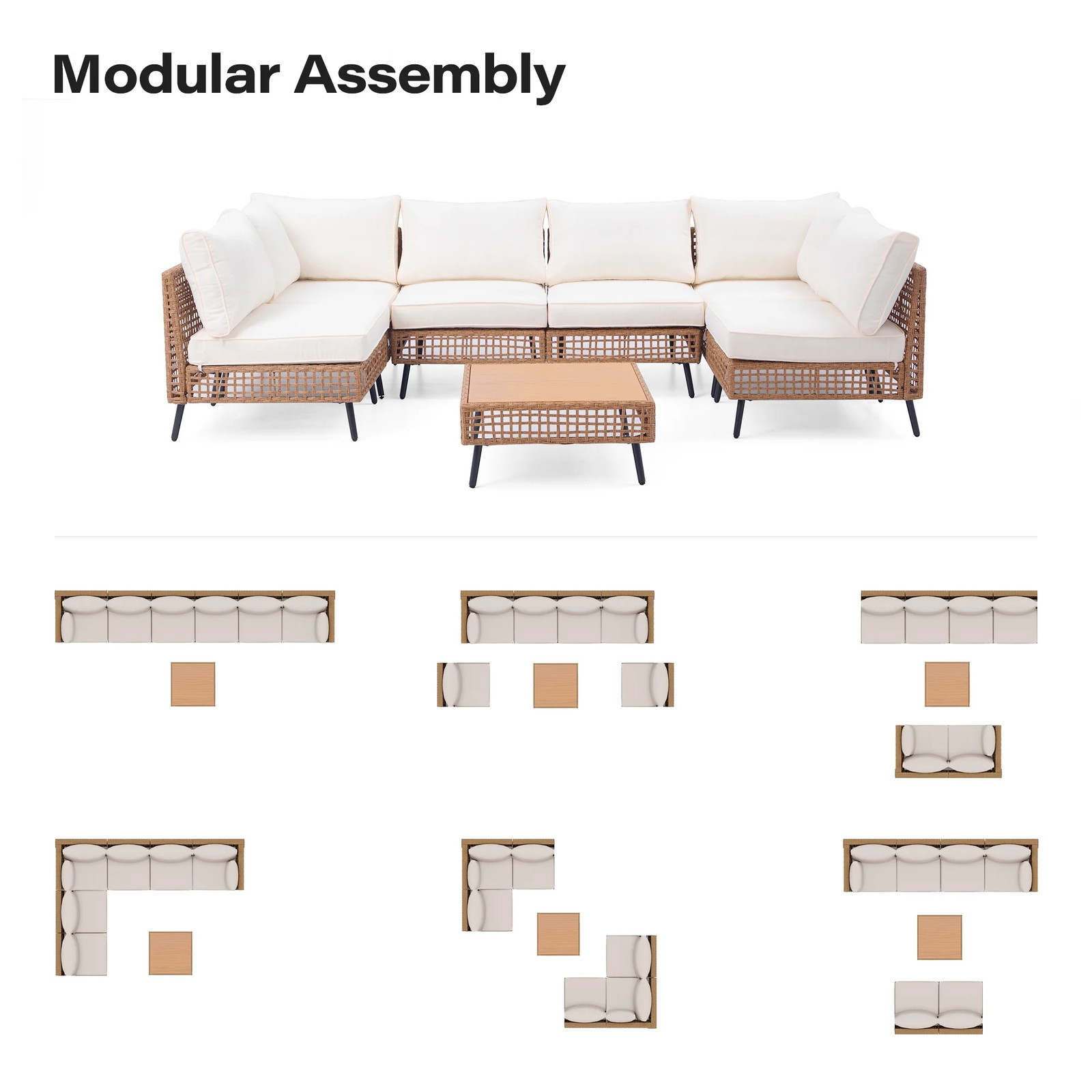 LAUSAINT HOME 7-Piece Wicker Patio Furniture Set Sectional Sofa Beige