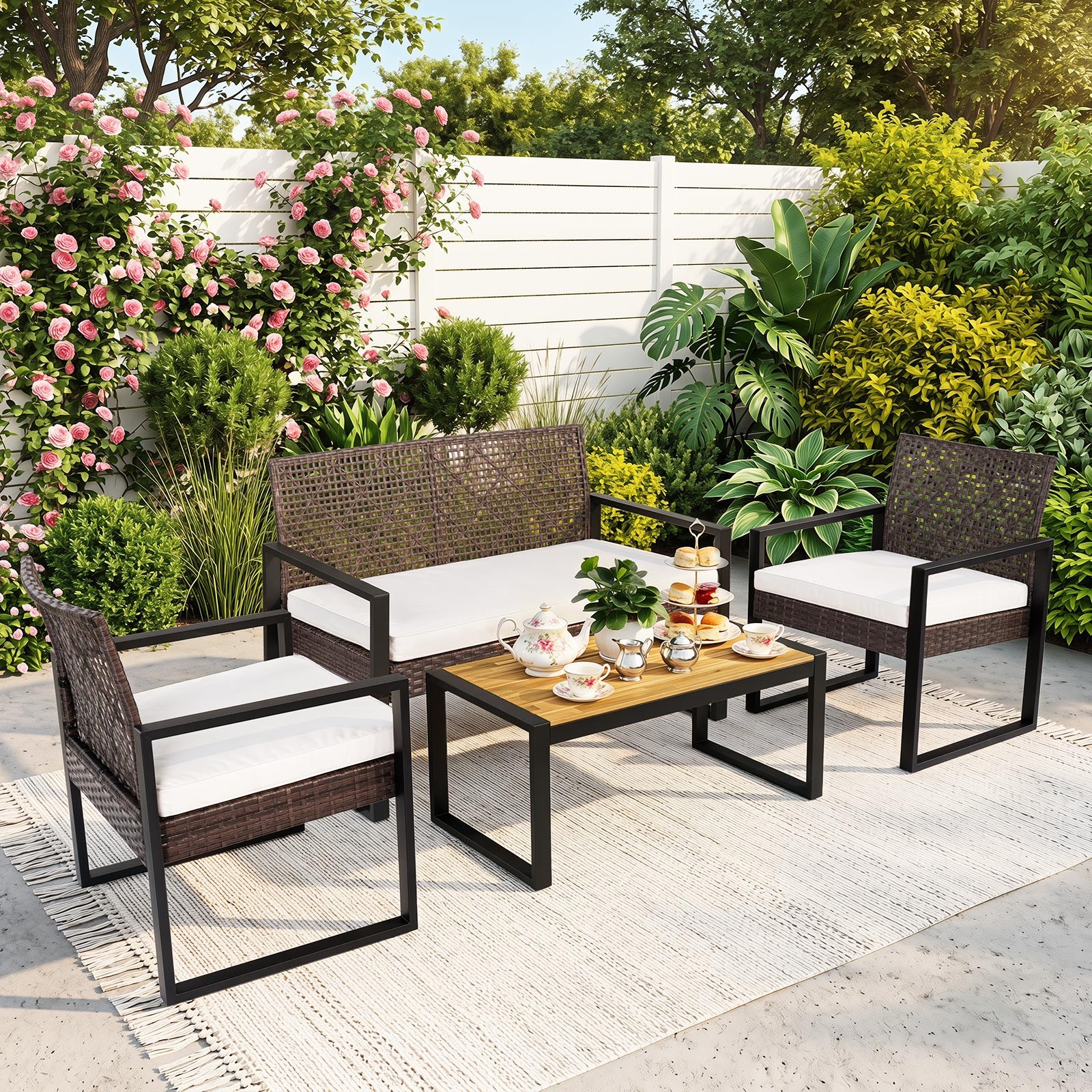 4-Piece Patio Conversation Set with 2 Single Chairs Cushioned Loveseat Coffee