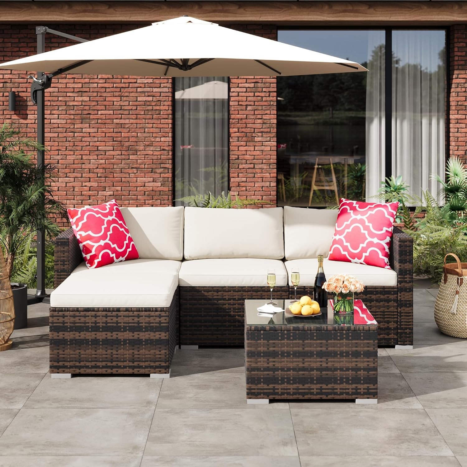 5-Piece Patio Furniture Set Outdoor Wicker Rattan Furniture w/ Table for Yard