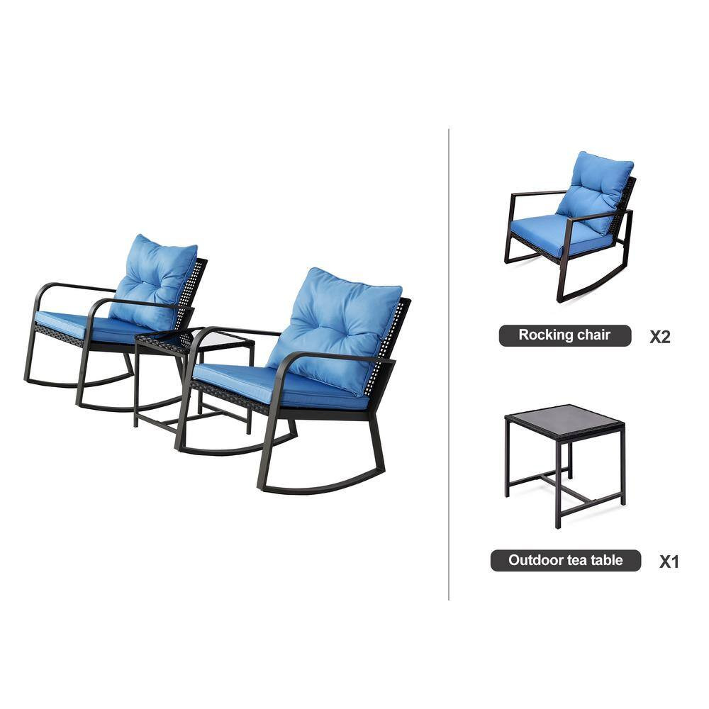 3-Piece Black Metal Iron Powder-Coated Steel Patio Outdoor Bistro Set with Blue