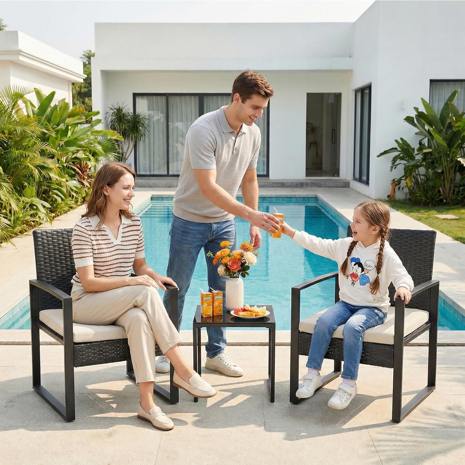 3 Pcs PE Rattan Patio Bistro Set, Wicker Conversation Set w/ Glass Table