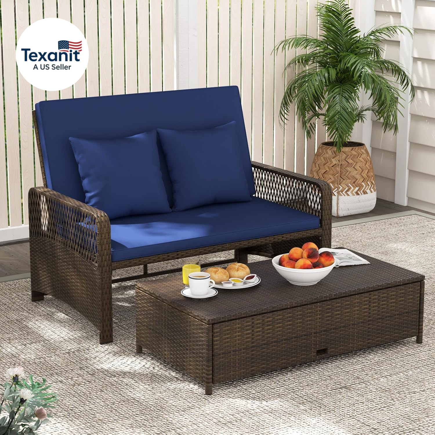 Patio Rattan Daybed with 4-Level Adjustable Backrest, 2-Person Outdoor Wicker Lo