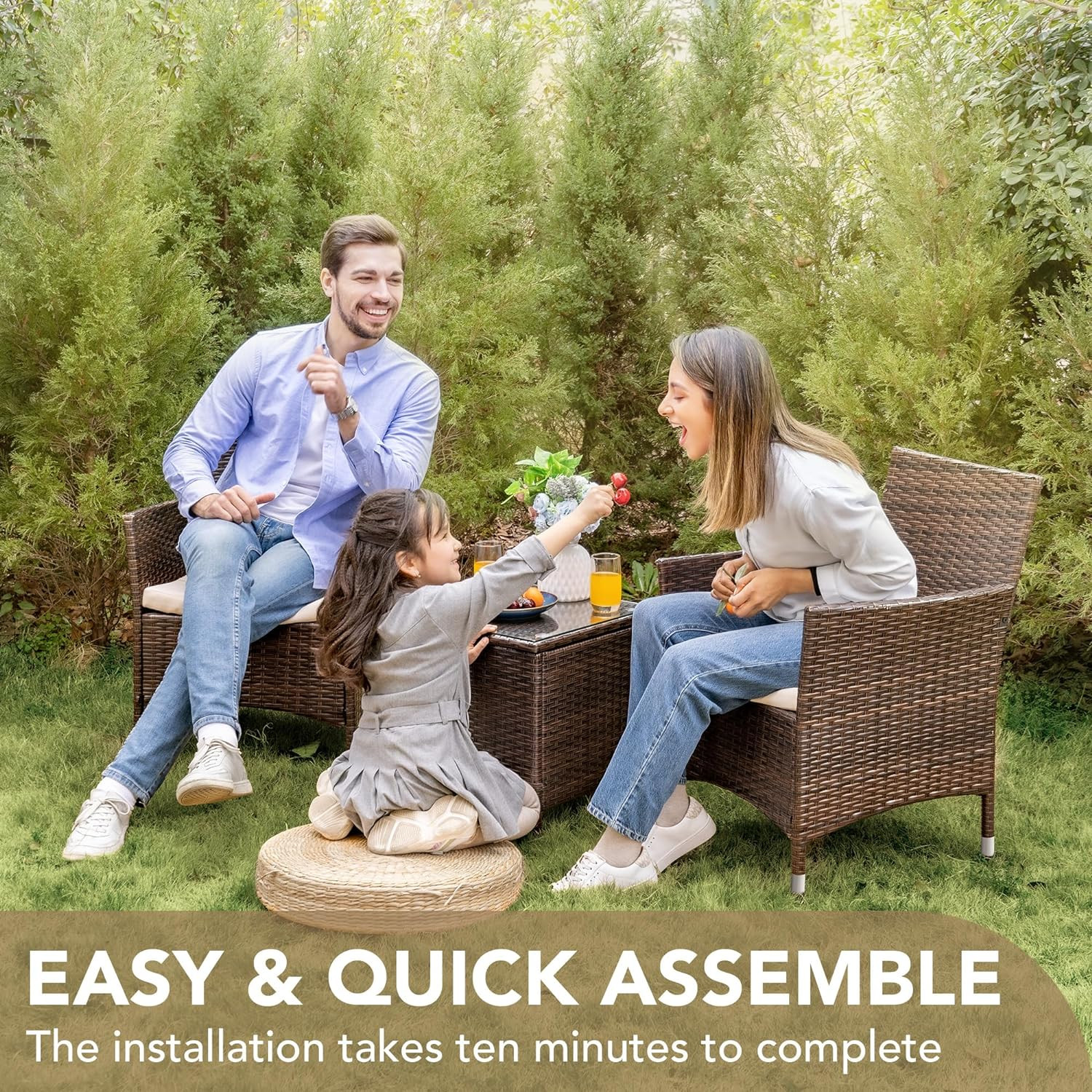 Patio Porch Furniture Sets 3 Pieces PE Rattan Wicker Chairs with Table Outdoor G