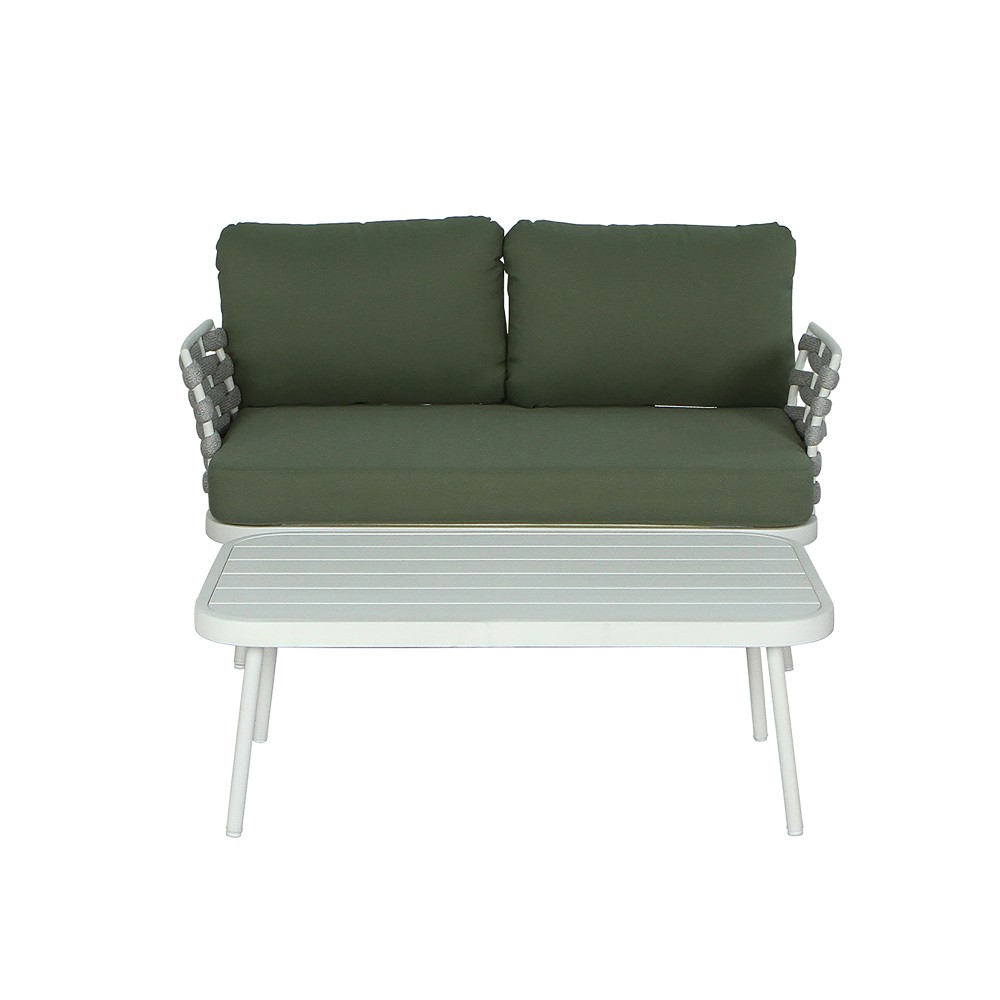 Mid-Century Modern Outdoor Loveseat Set with Waterproof Green Cushion & Table