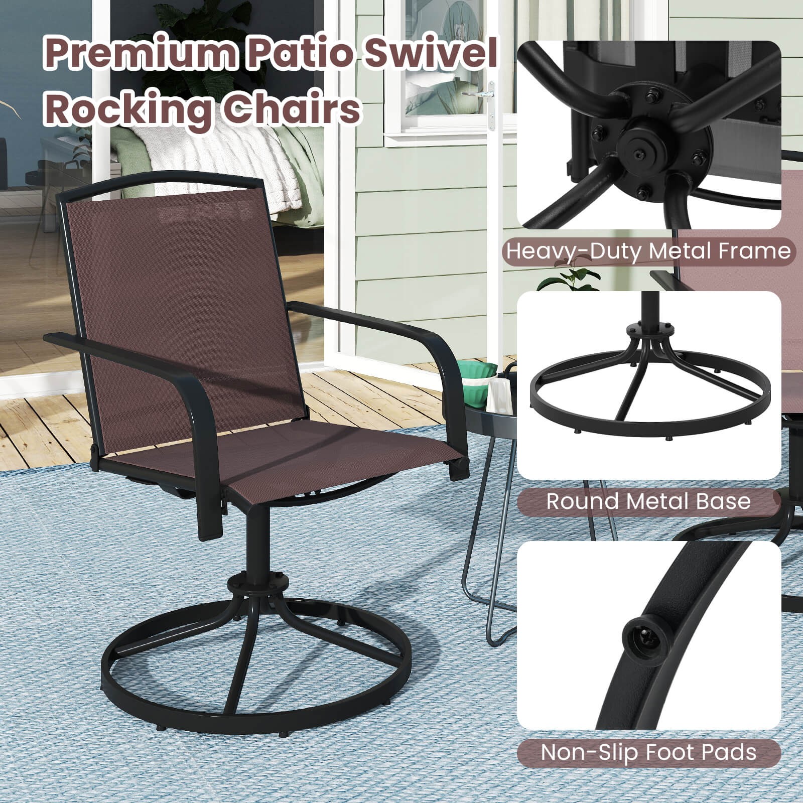 Patio Swivel Chairs Set of 2 w/ High Back & Round Metal Base for Backyard