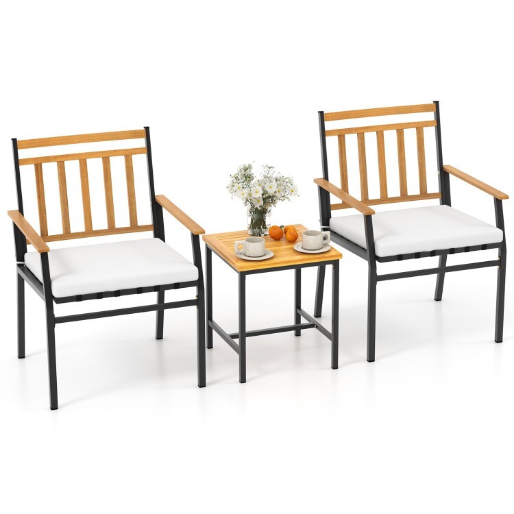 3 Pcs Patio Garden Acacia Wood Furniture Chair Set w/ Seat Cushion Coffee Table