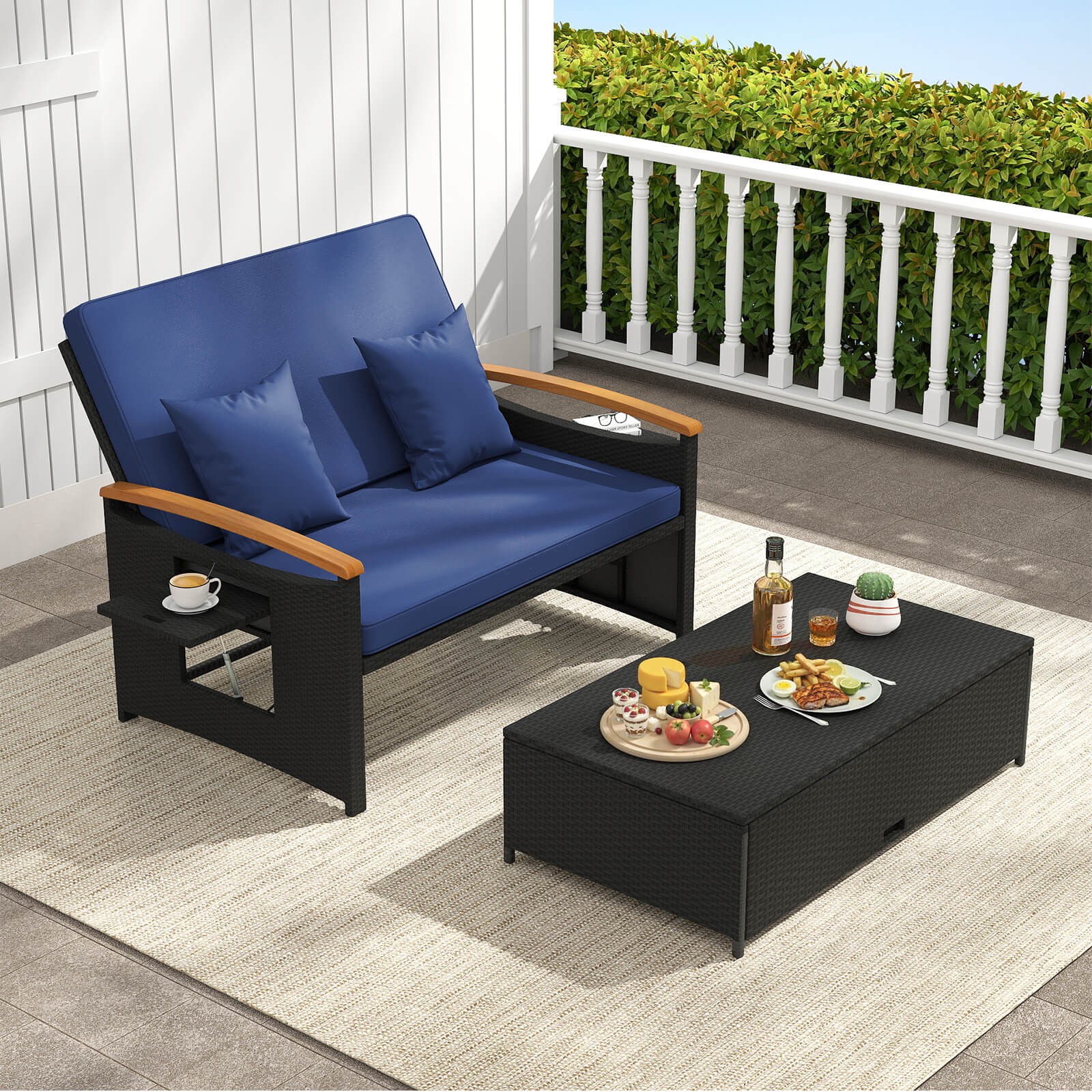 Patio Rattan Daybed Set w/Cushioned Loveseat & Storage Ottoman for Porch