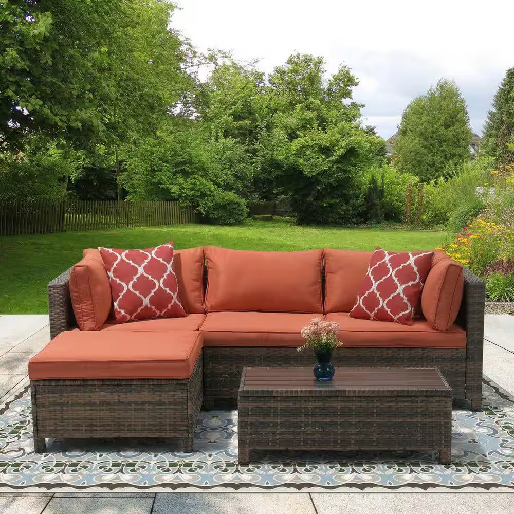3-Piece Wicker Patio Sectional Seating Set with Orange Cushions