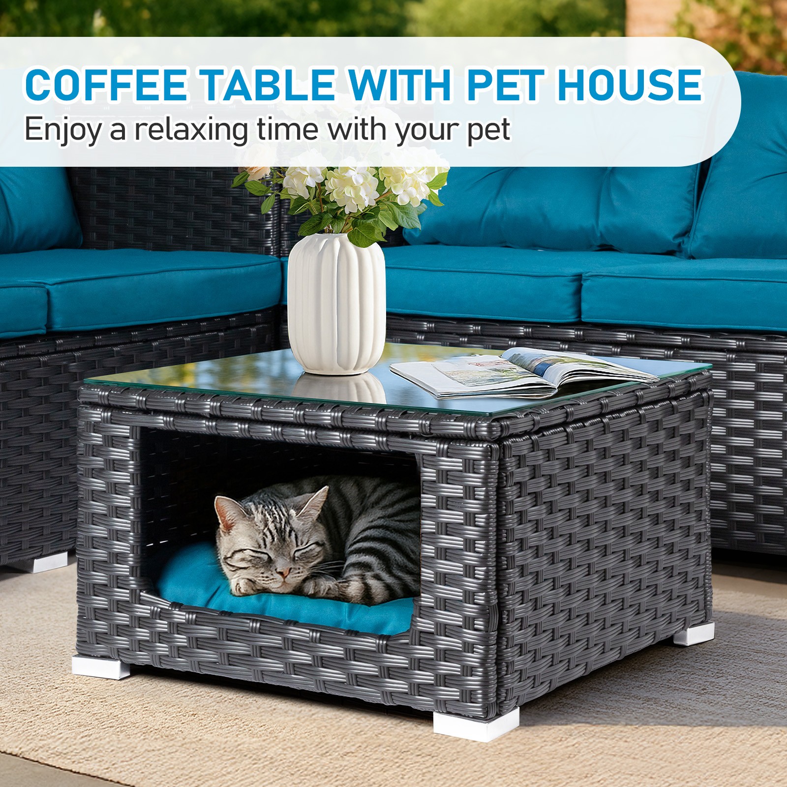 4 Piece Outdoor Patio Rattan Sectional Furniture Chair Set with Pet Coffee Table