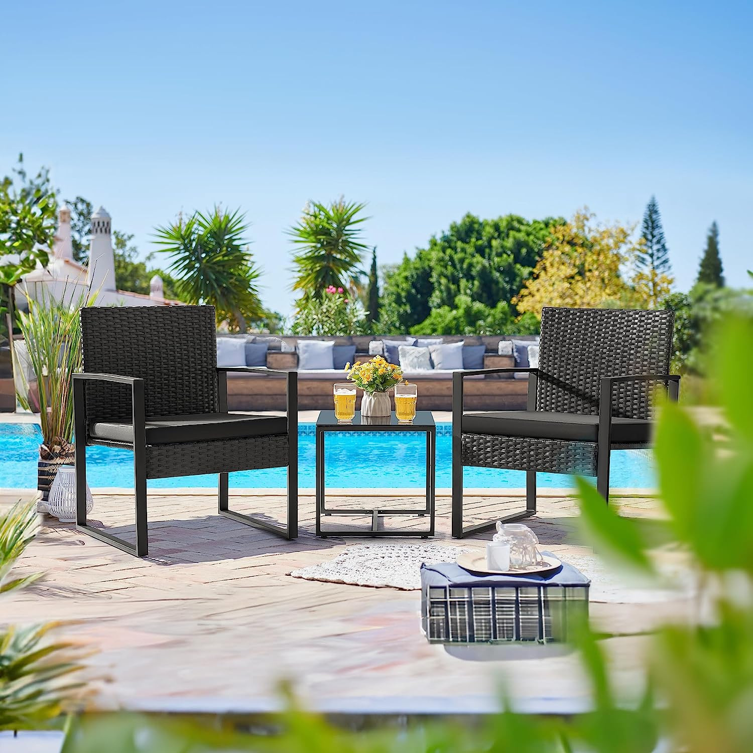 3 Pieces Outdoor Patio Wicker Furniture Set, Modern Rattan Chair Conversation Se