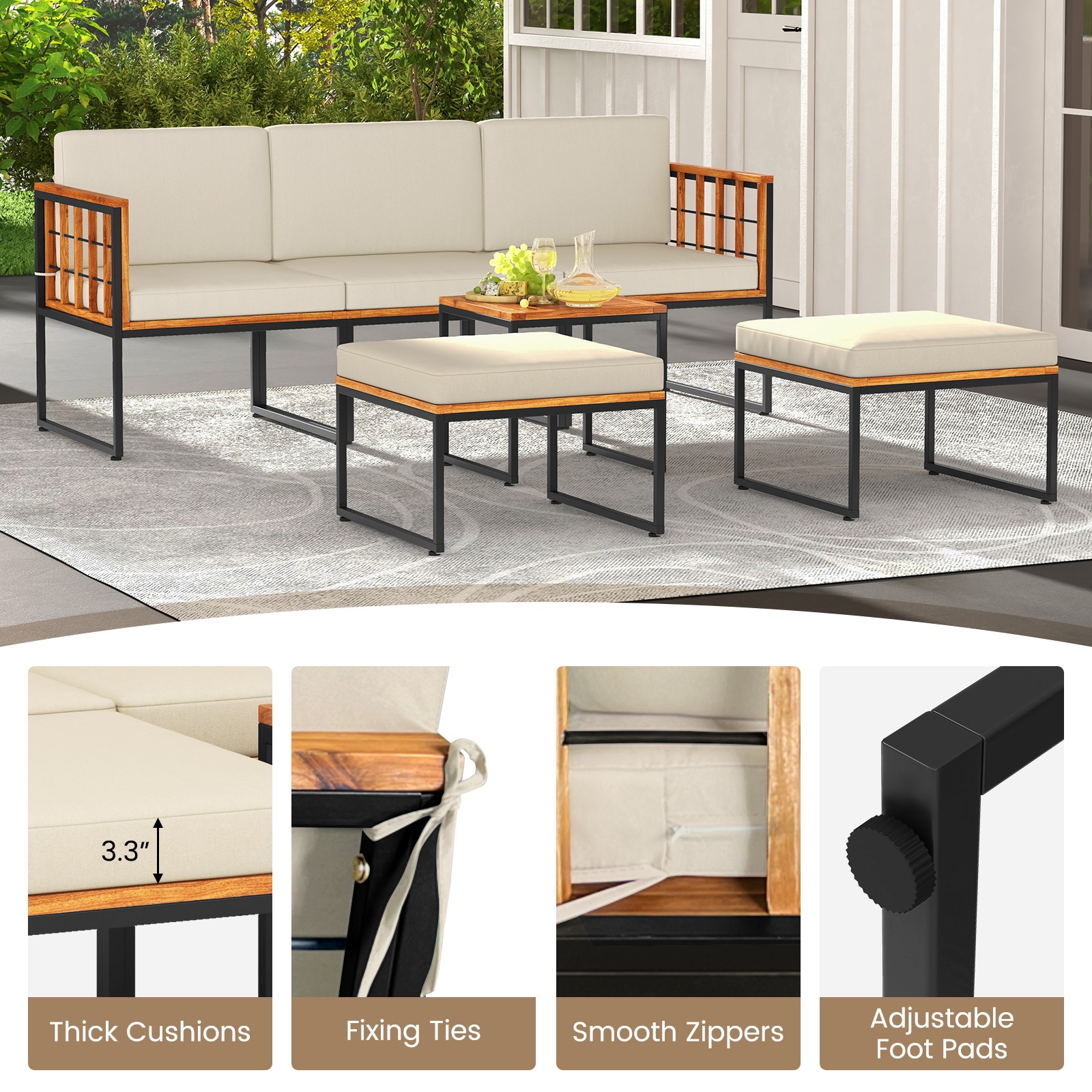 6 PCS Acacia Wood Patio Furniture Set Outdoor Sectional Conversation Sofa Set