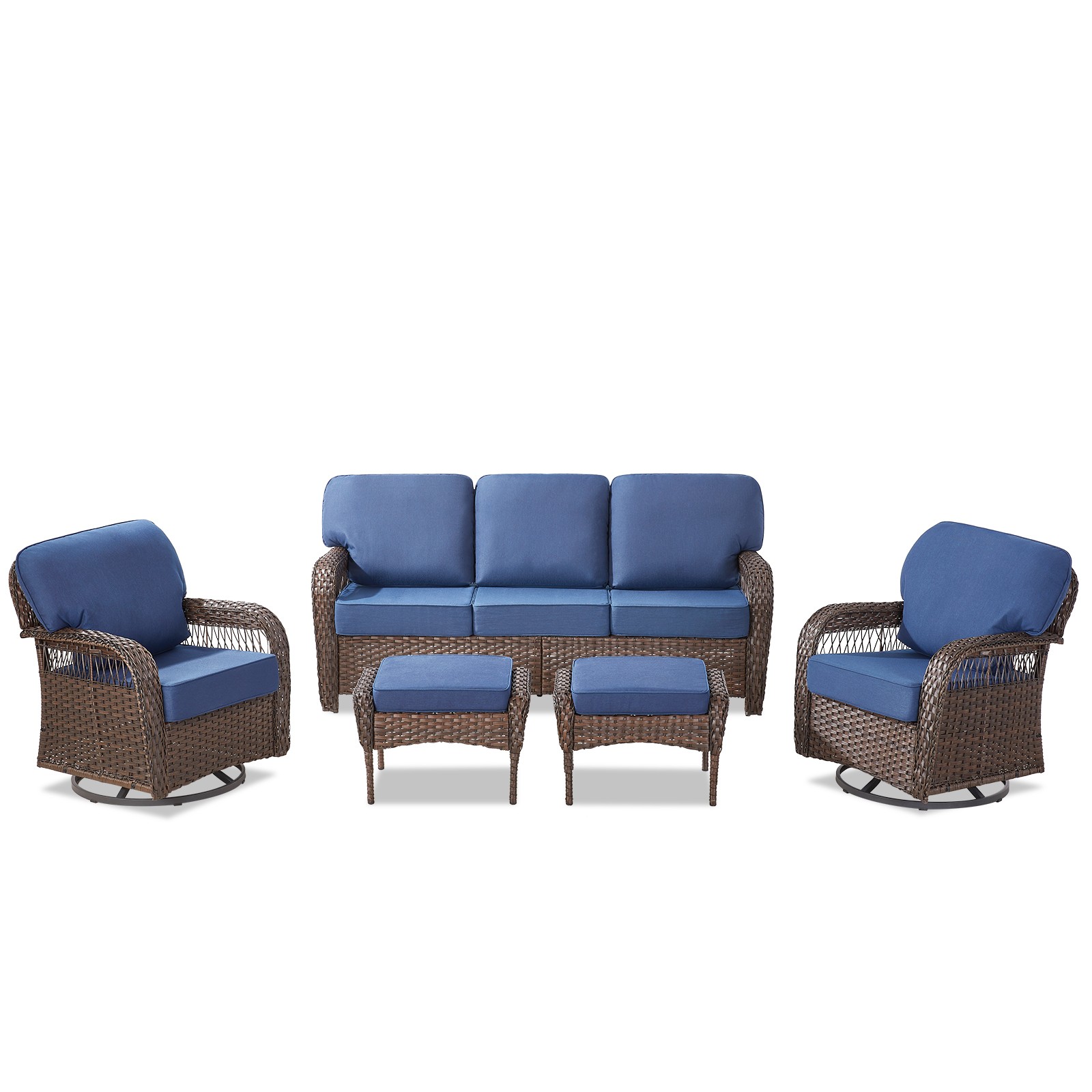 5″ Thick Cushioned 5-Piece Patio Set, Wicker Outdoor Sofa & Swivel Rockers