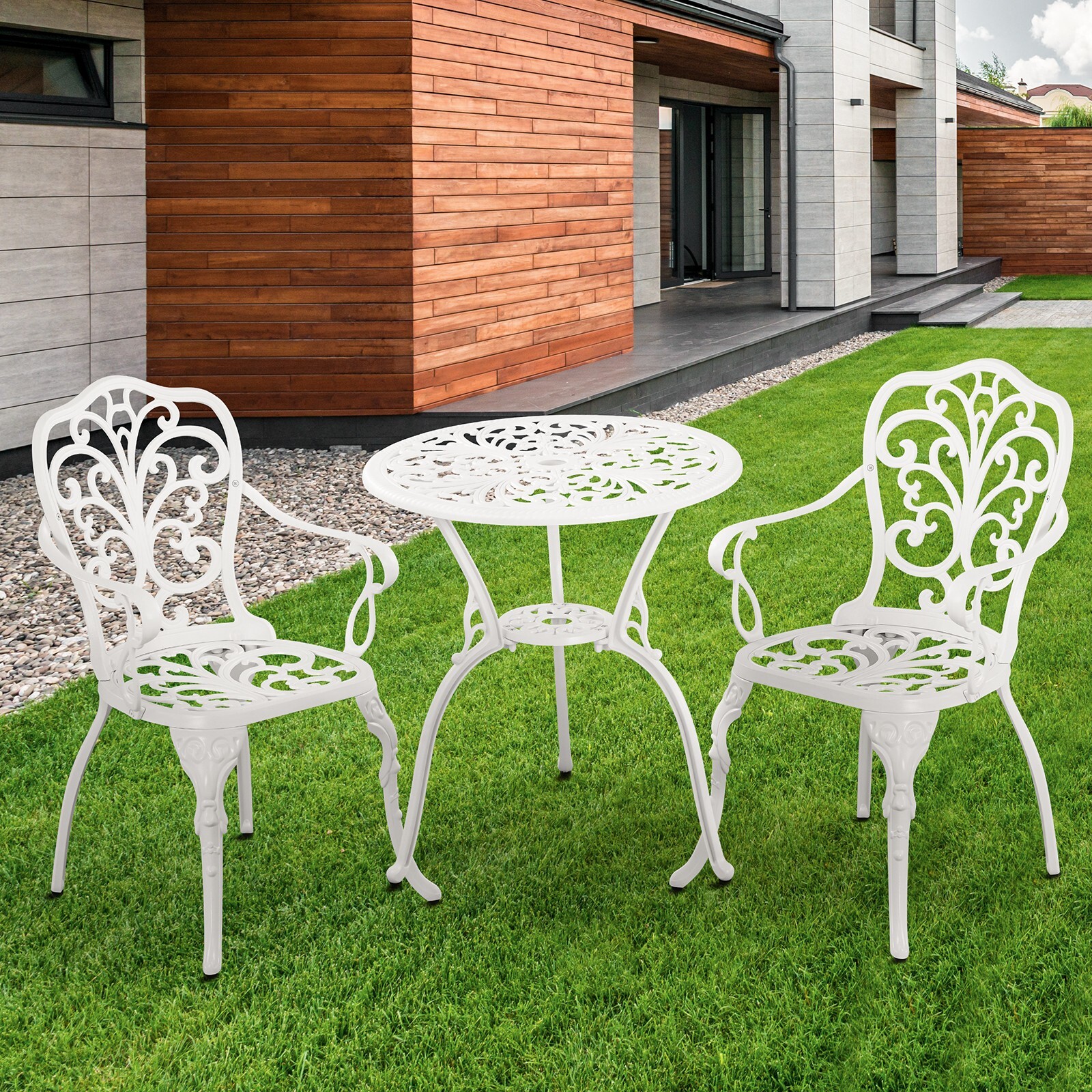 3 Piece Patio Set Outdoor BistroTable and Chairs Set of 2 for Garden White