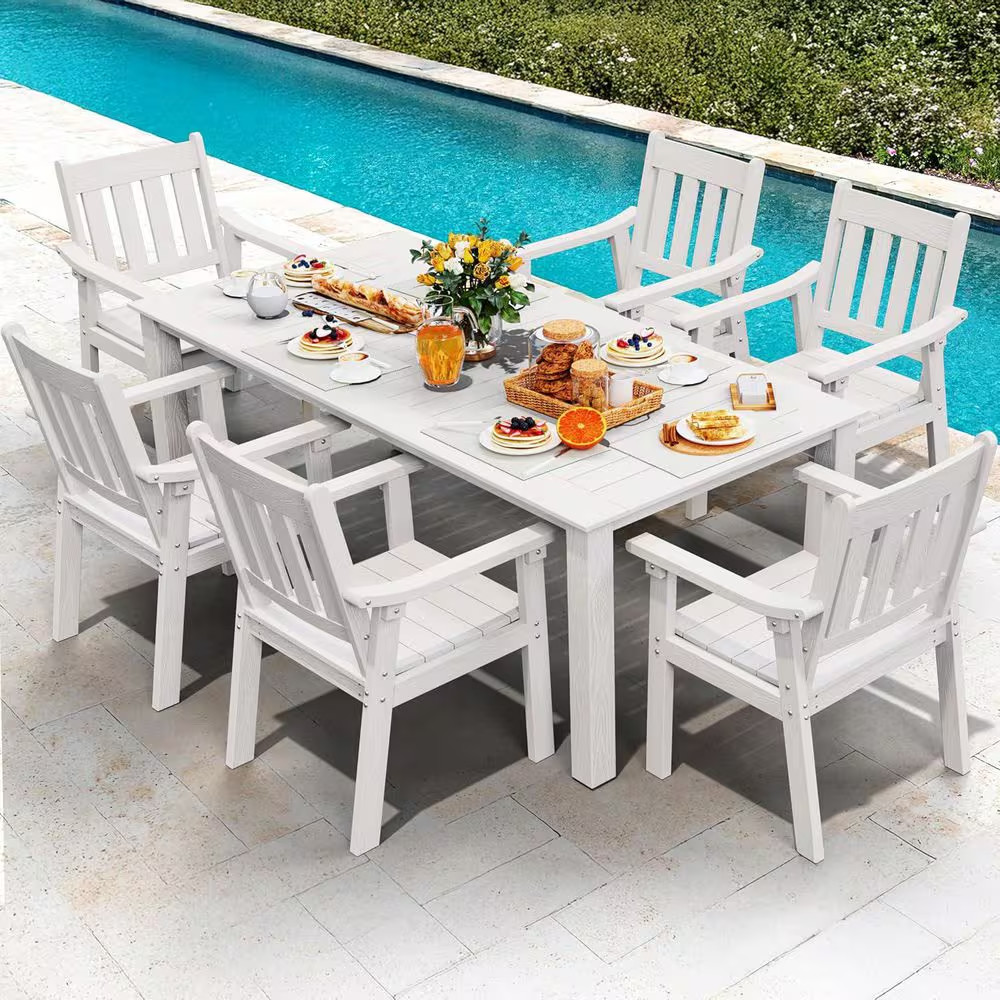 White Plastic Outdoor Patio Dining Chairs with Armrest (Set of 2)