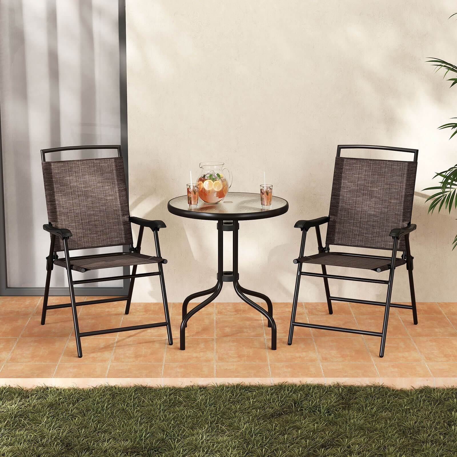 Costway 3PCS Table Chair Set for Outdoor Use Foldable Chairs Glass Top Table
