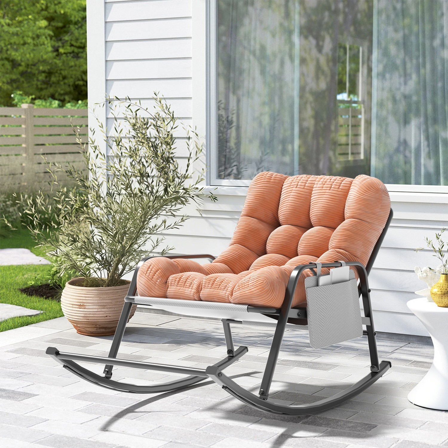 Reclining Rocking Chair with Side Pocket, Oversized Striped Cushion Rocker Chair