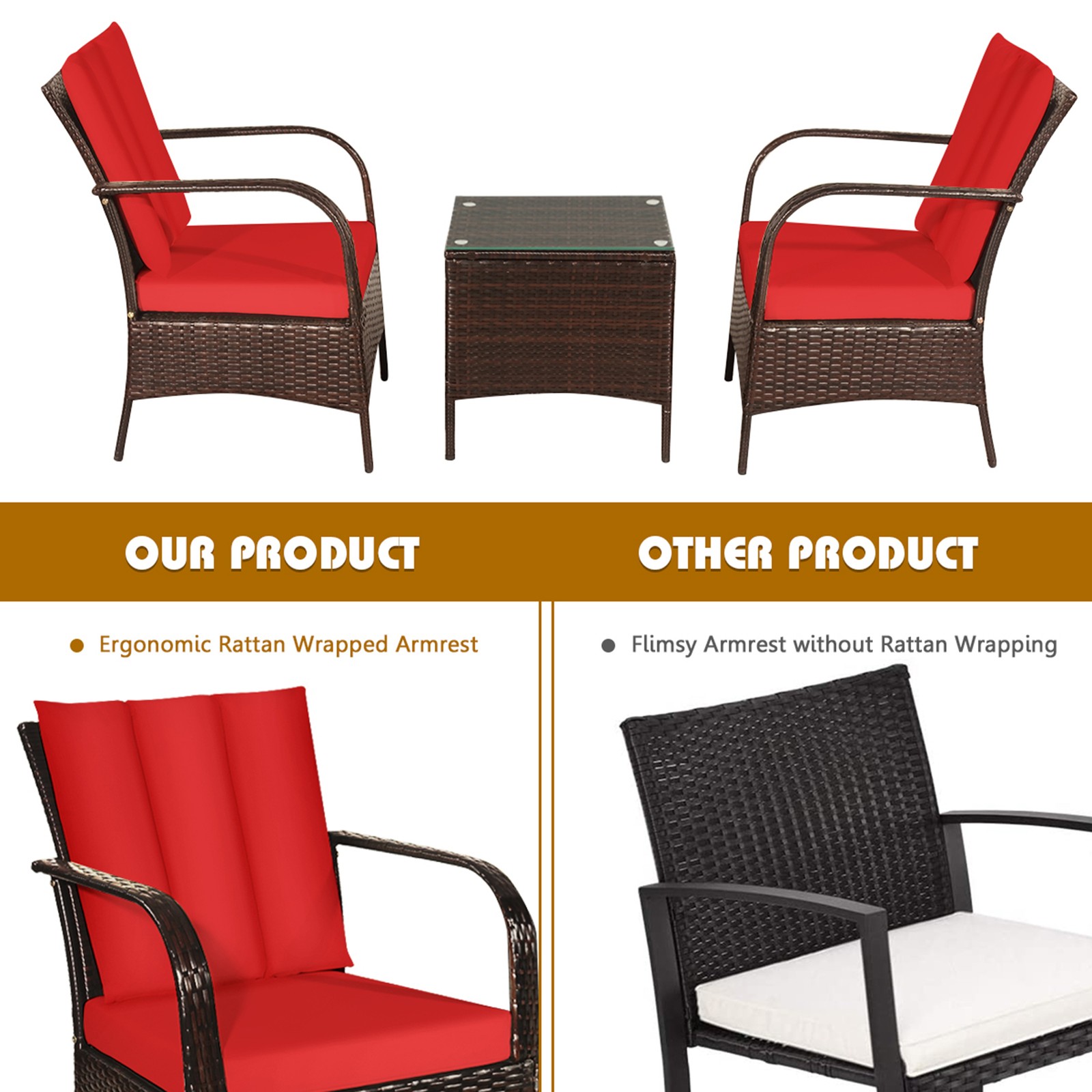 3PCS Patio Rattan Conversation Set Outdoor Furniture Set w/Table