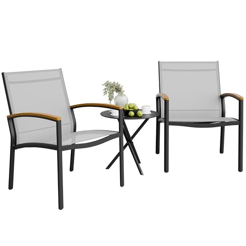 3 Pieces Patio Bistro Sets, Outdoor Textilene Fabric Conversation Bistro Grey