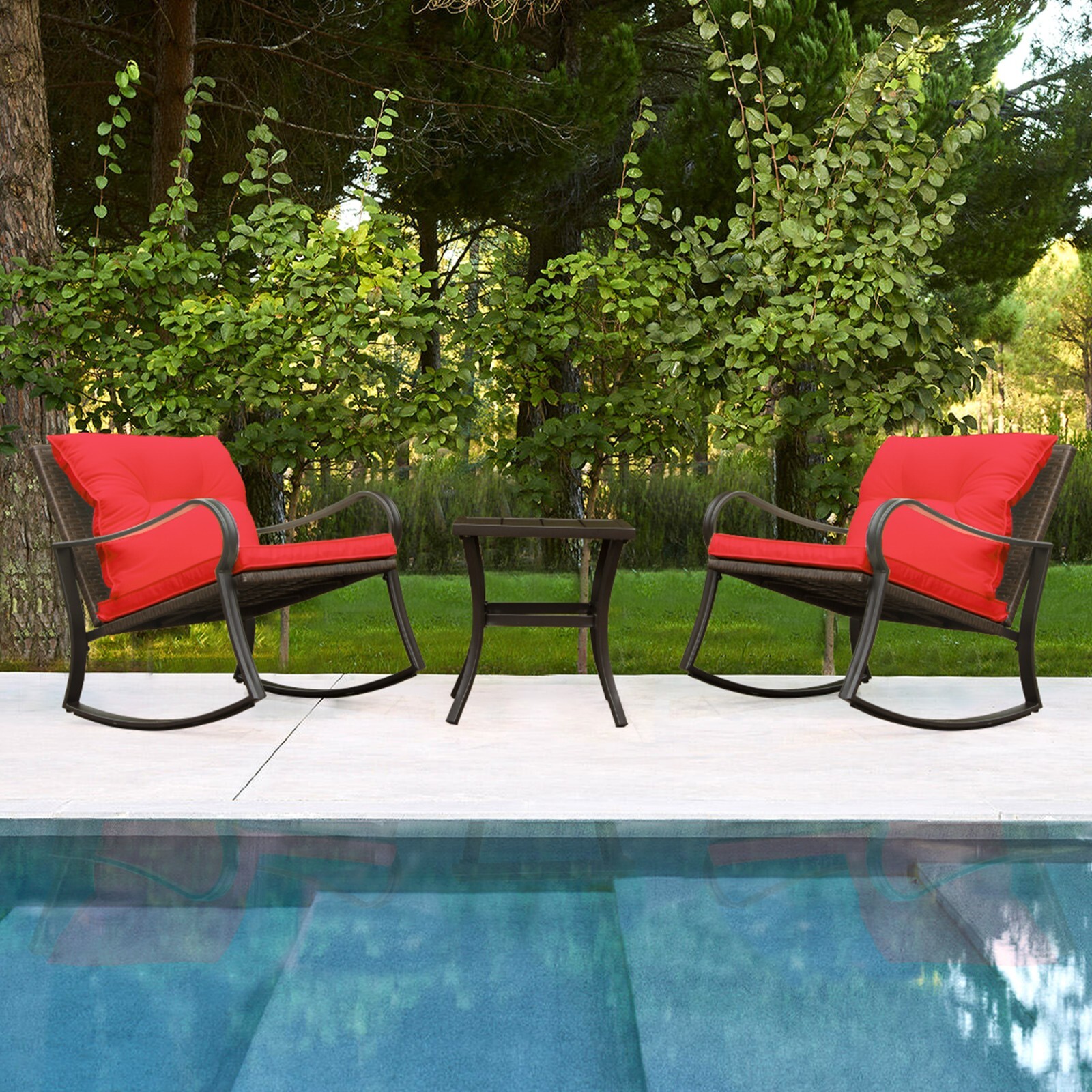 3 Pieces Bistro Set Outdoor Rocking Chair,w/ Cushions,Steel Frame,1 Table(Red)