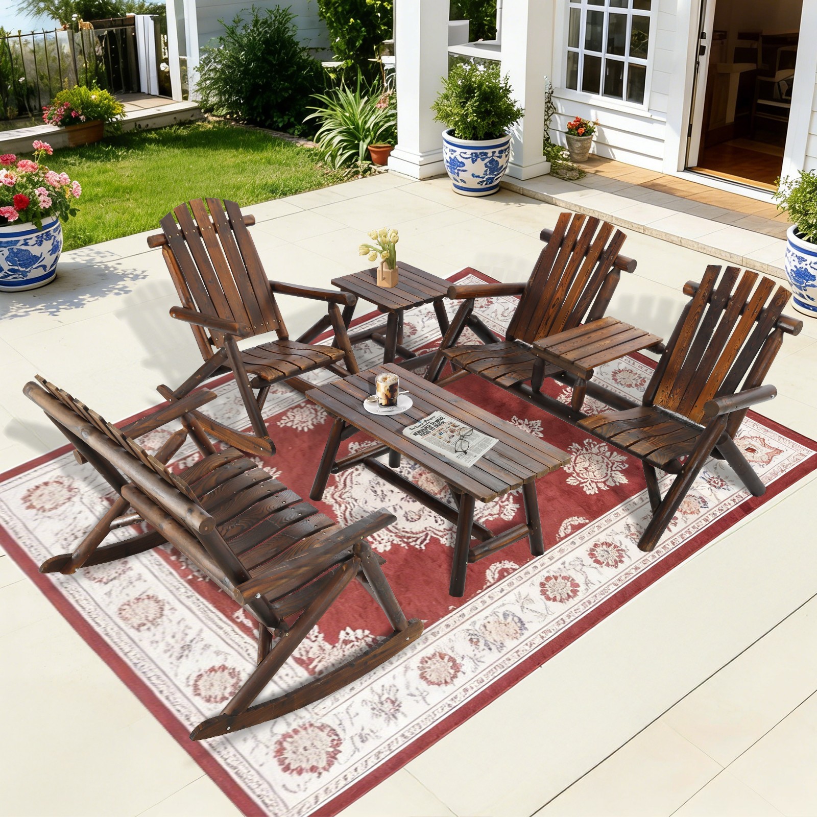 Outdoor Patio Log Chair Set with Table Wooden Adirondack Furniture Set for Yards