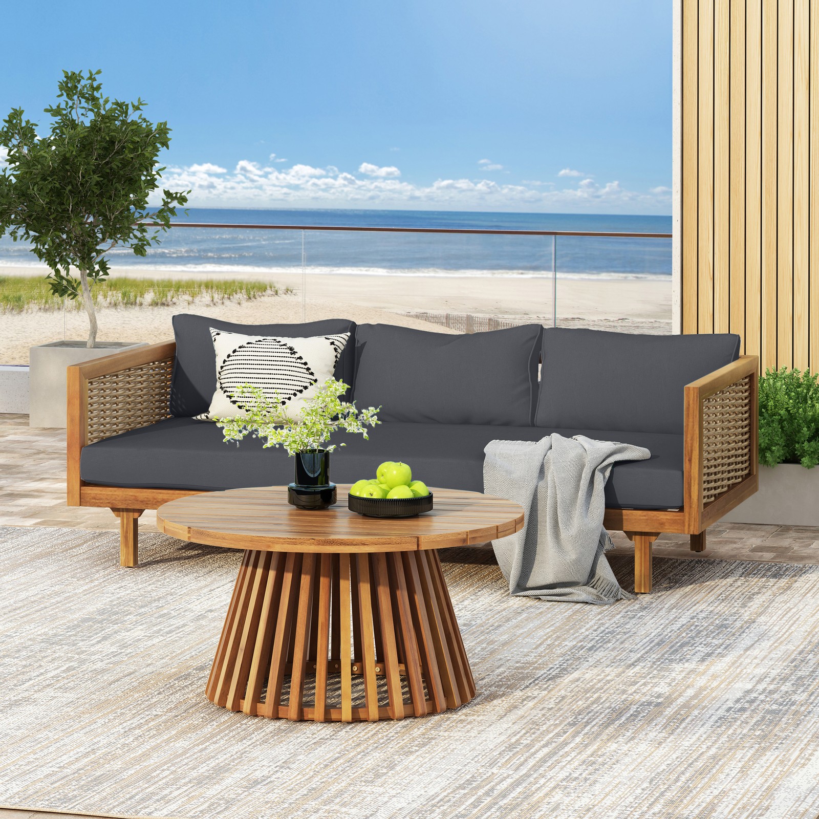 Acacia Wood Patio Furniture Set Outdoor 3 Seater Daybed with Table Lounge Chair