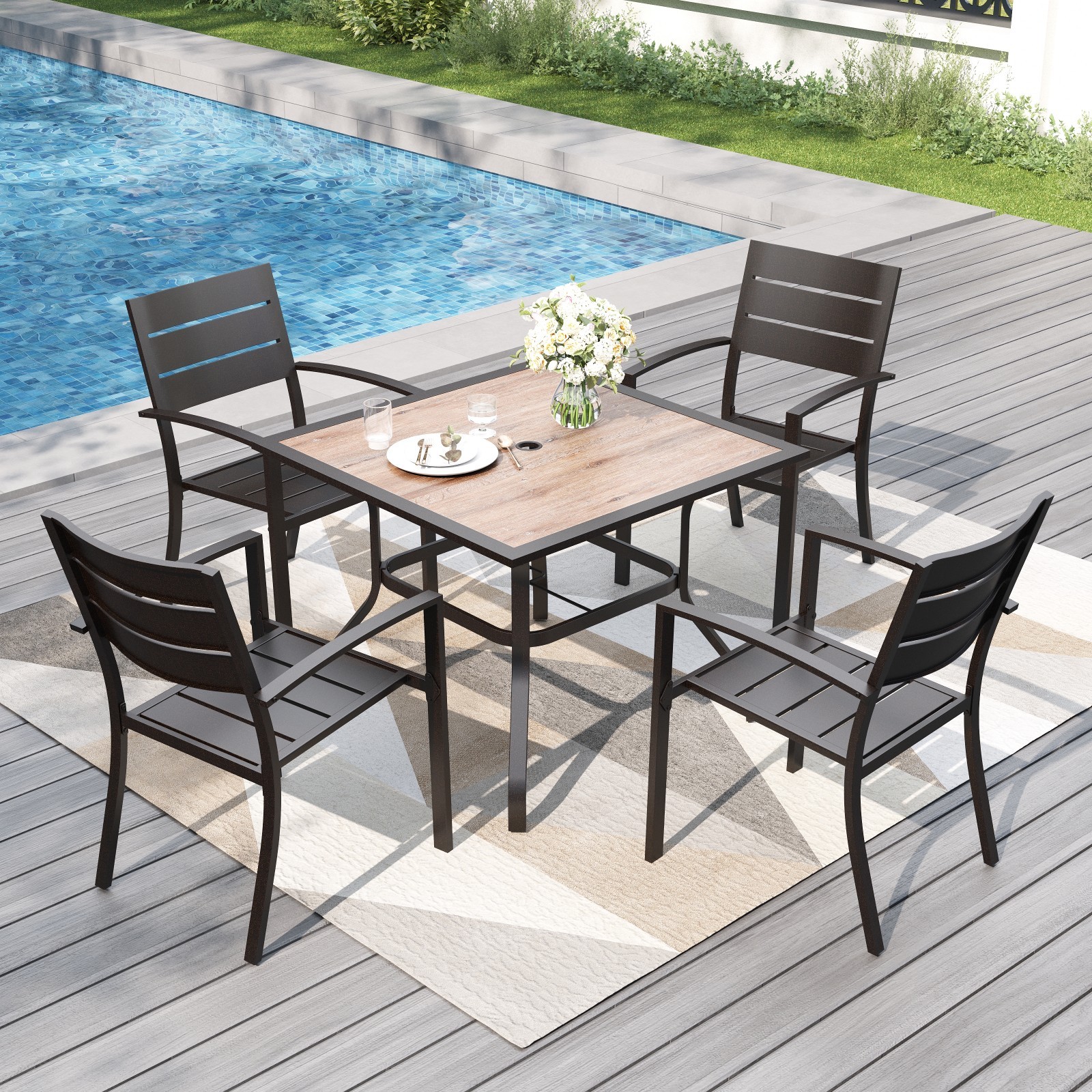 5 PCS Patio Dining Set Outdoor Wood Table Metal Chair Furniture Set for Garden
