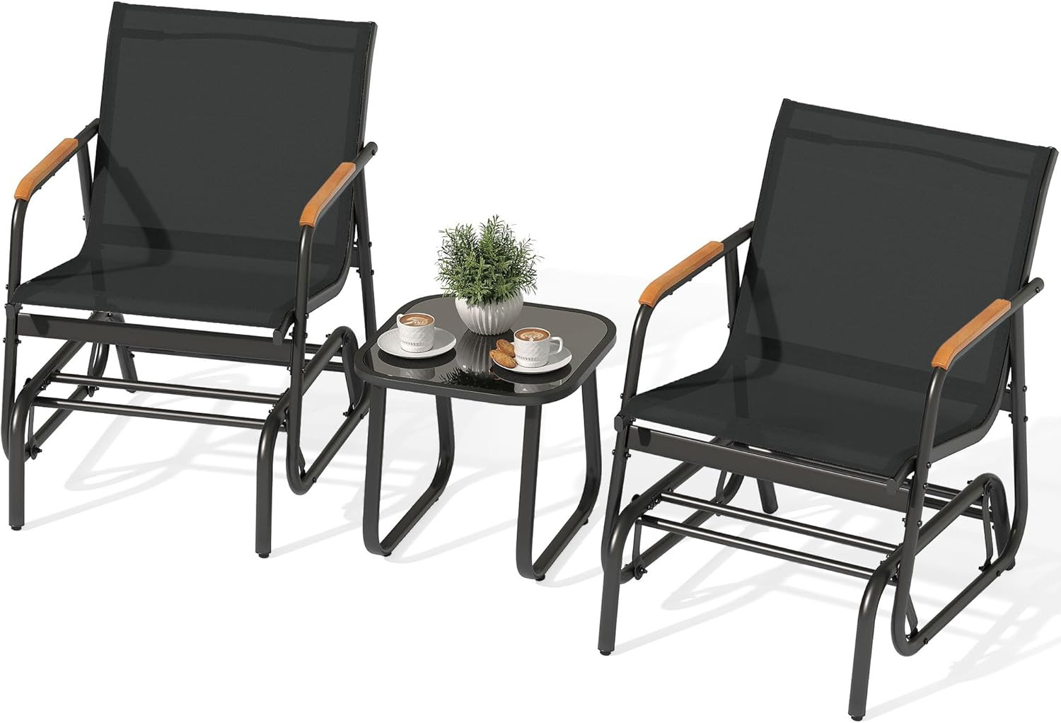 3 Piece Patio Glider Set Textilene Gliders Outdoor Furniture Black | Heavy-Duty