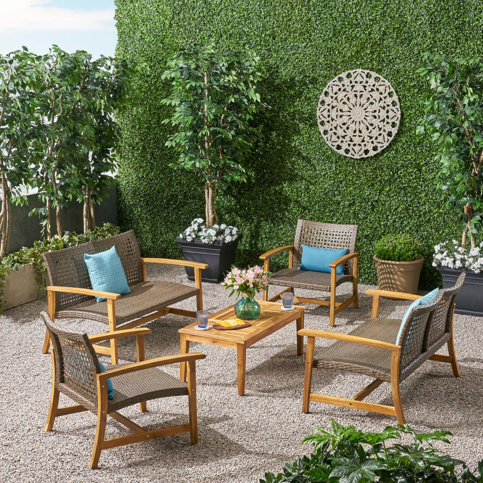 Avery Outdoor 5 Piece Wood and Wicker Loveseat Chat Set
