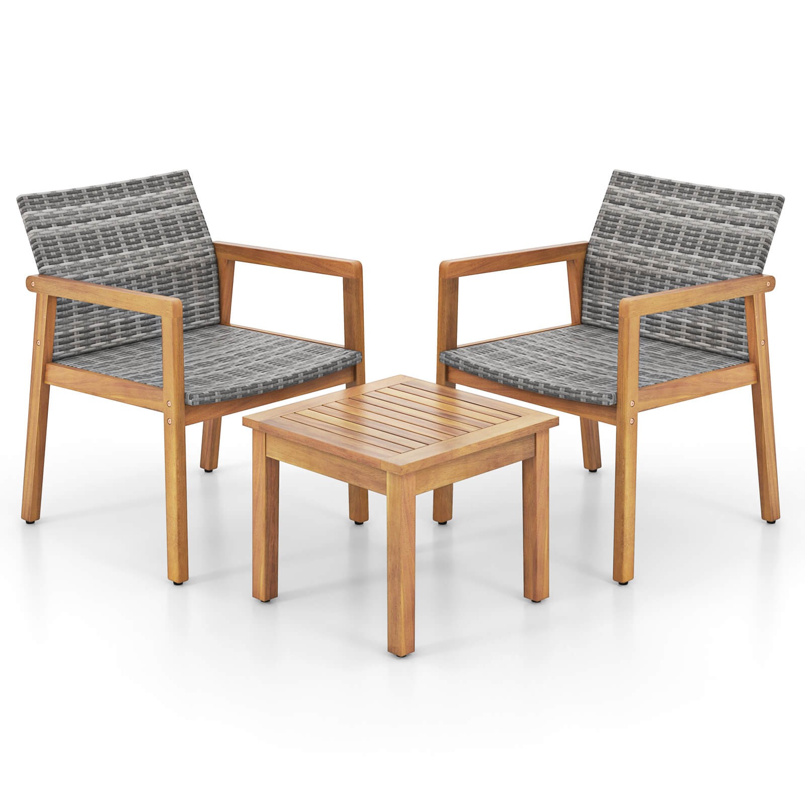 3 Pieces Outdoor Furniture Set, Acacia Wood Frame Sofa Set w/ Rattan Seat
