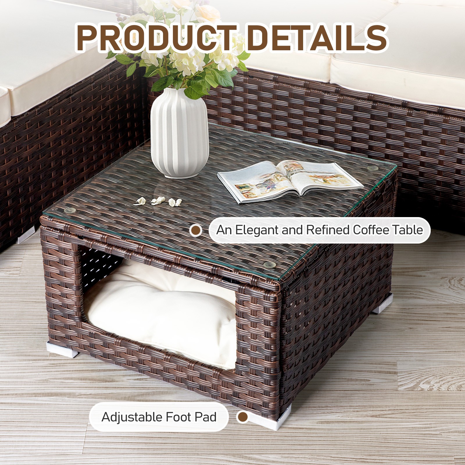 4 Piece Outdoor Patio Rattan Sectional Furniture Chair Set with Pet Coffee Table