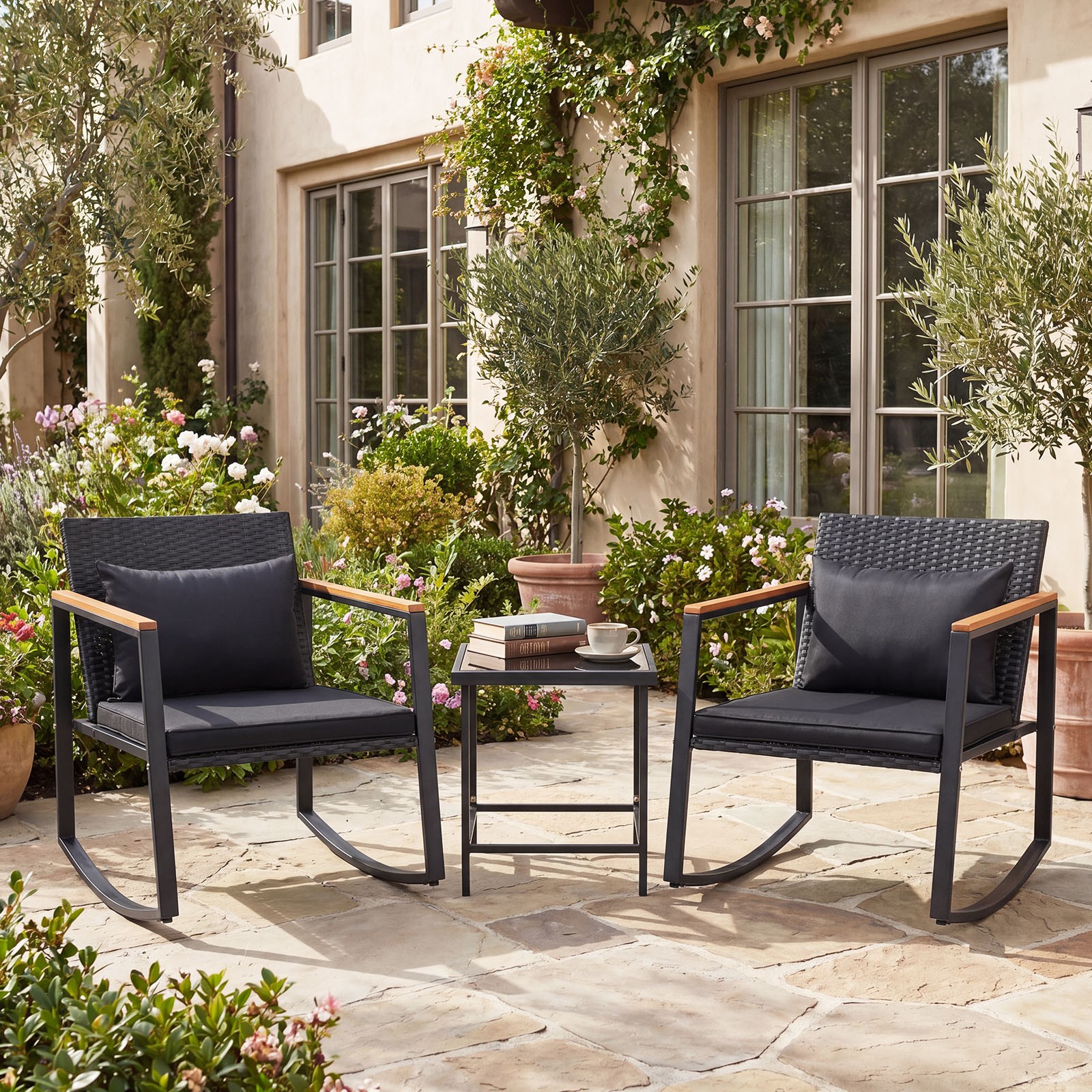 3-Piece Outdoor Rocking Bistro Set, Patio Rocking Chairs and Coffee Table Set