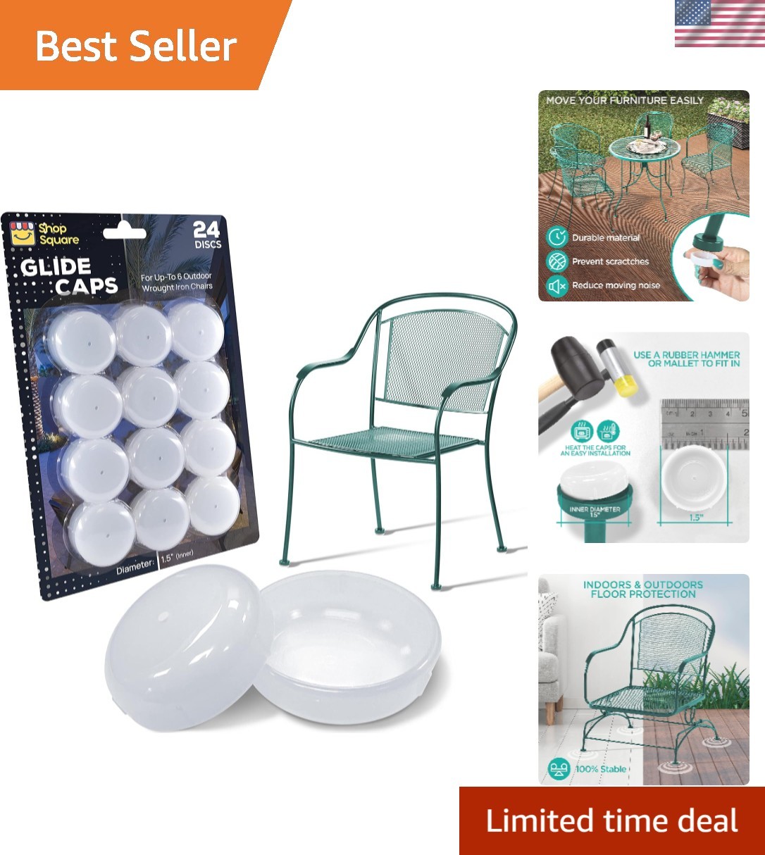 Wrought Iron Patio Furniture Feet Caps (24 Pack, White) – 1.5″ round Plastic Out