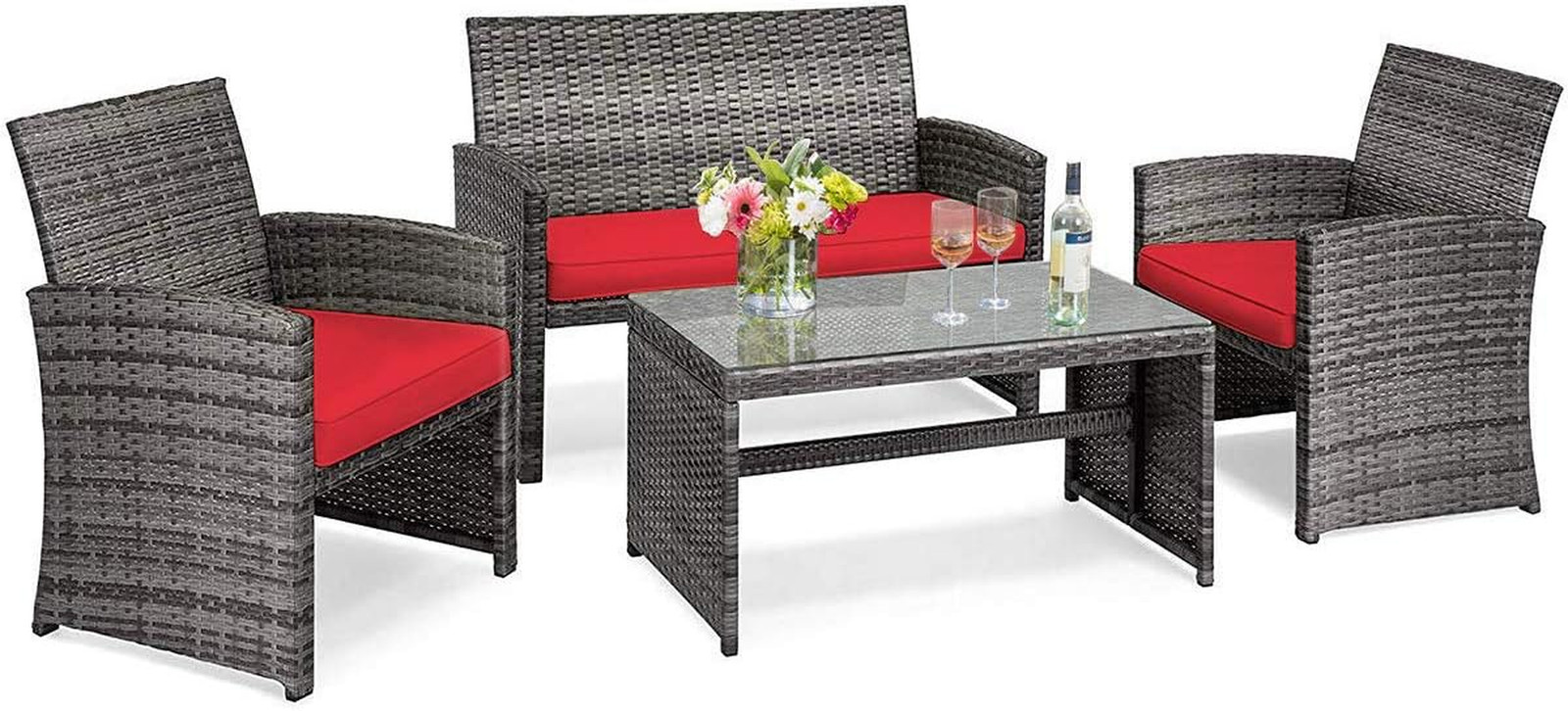 4 PCS Wicker Patio Conversation Set, Outdoor Rattan Sofas with Table Set, Patio