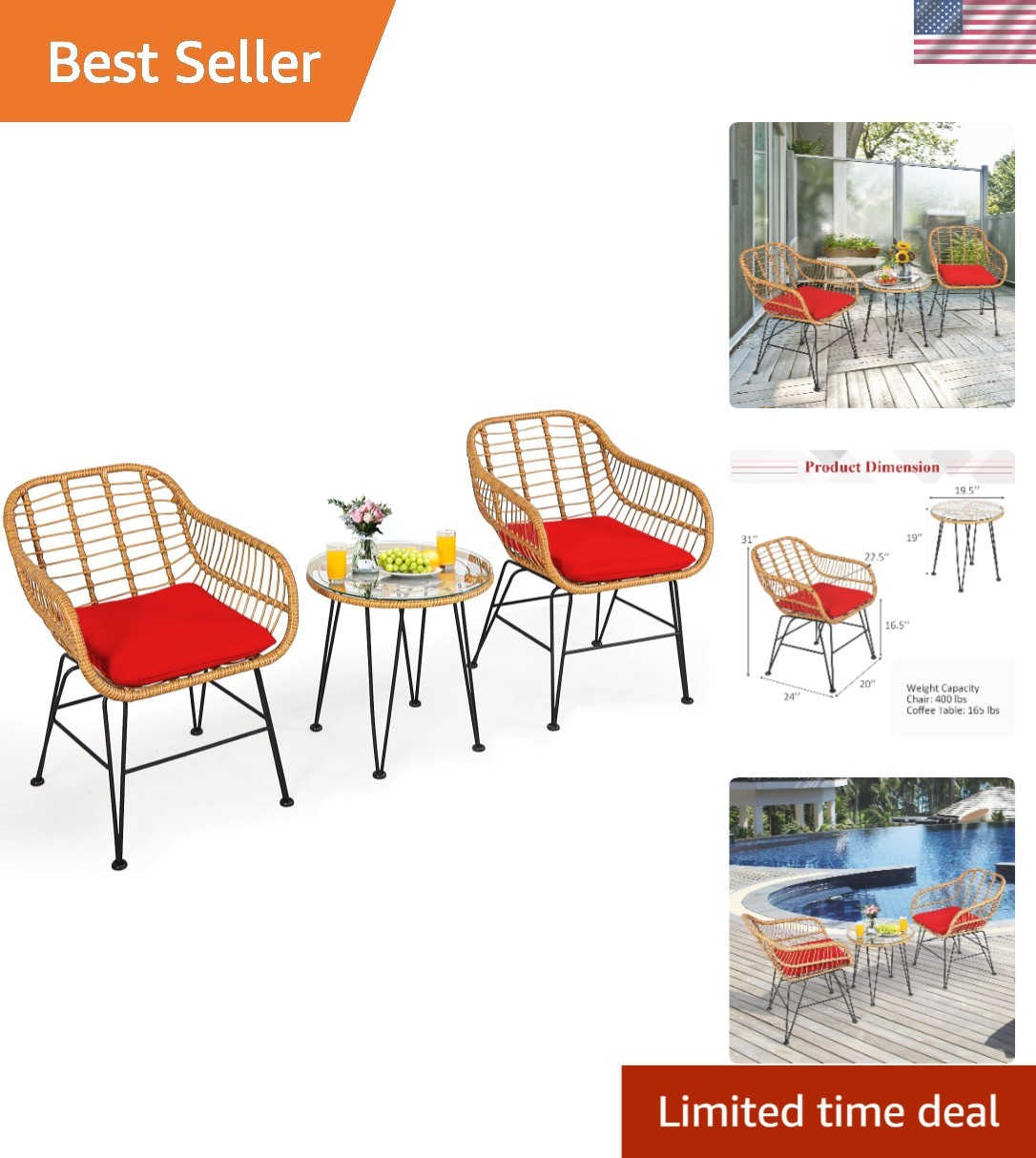 Durable Rattan Bistro Set with Cushioned Chairs & Round Glass Table for Patio