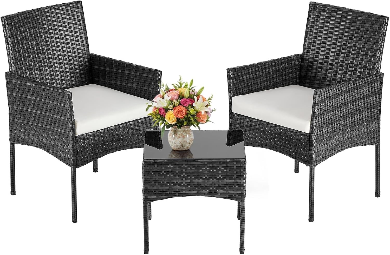 DUMOS 3-PC Patio Bistro Set, All-Weather Wicker Chairs & Glass Table