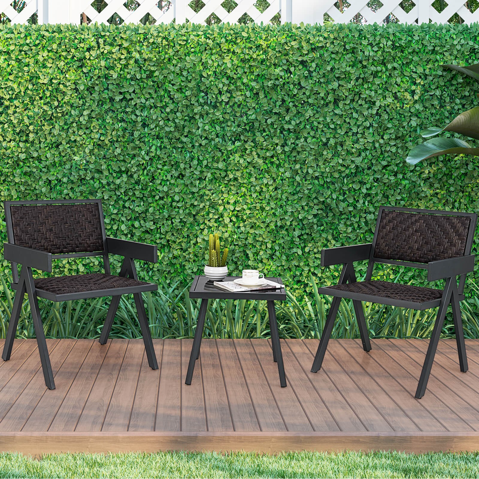 3 PCS Patio Wicker Chair Set, Rattan Furniture Set w/ Quick Dry Foam Padding