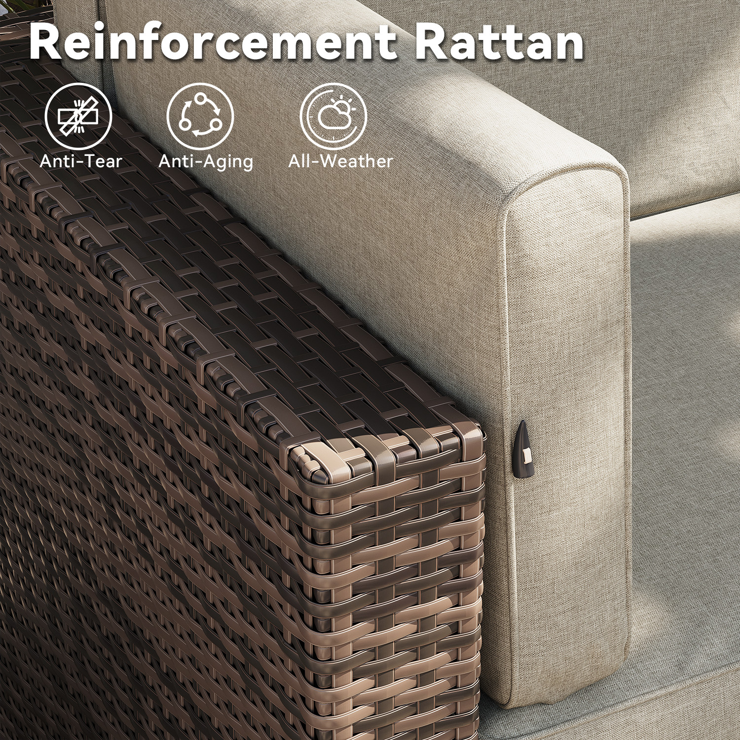 7-Piece Brown Rattan Sofa Set Beige Cushions Coffee Table
